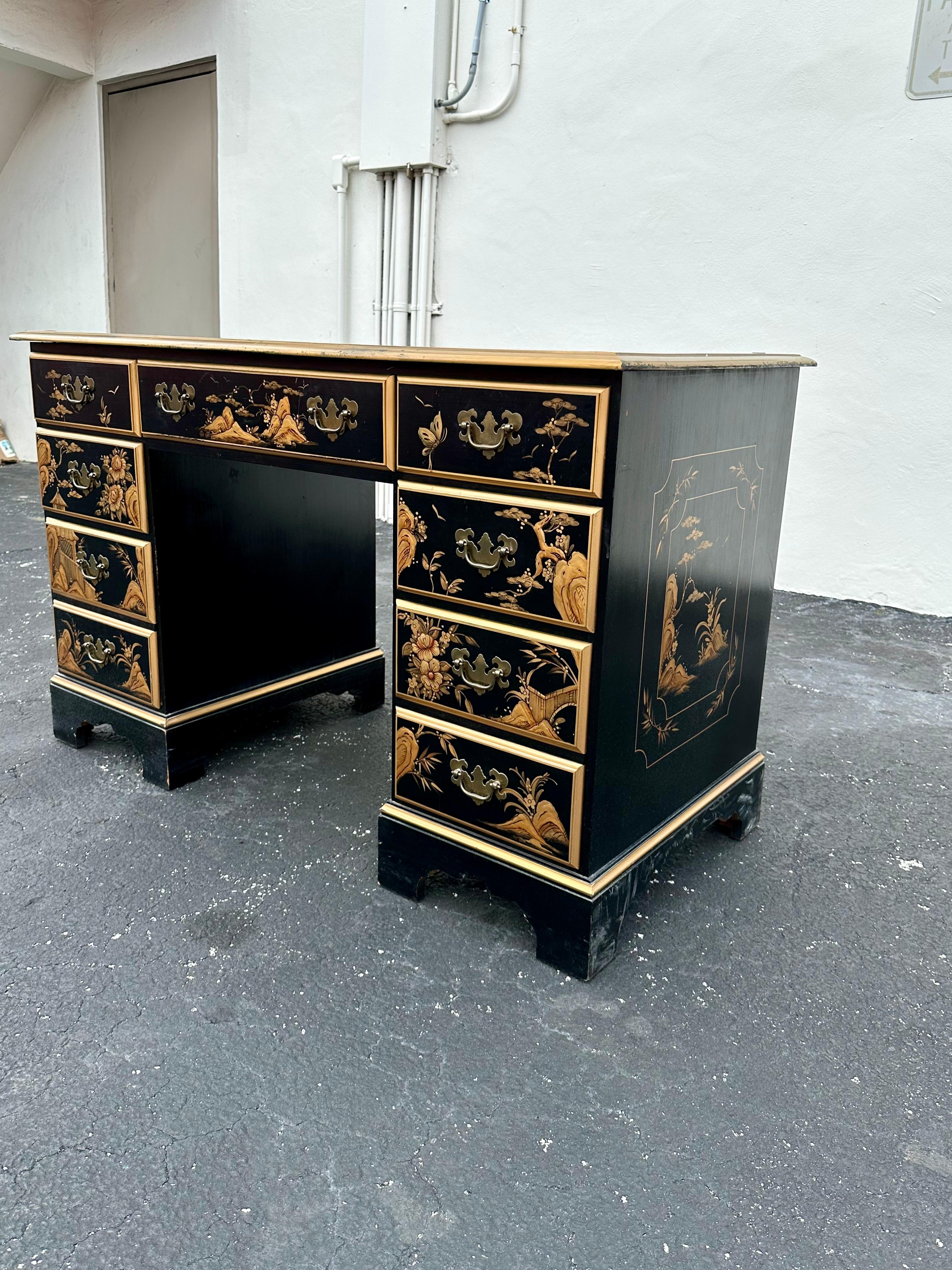 Asian 1960s Chinoiserie Hand Painted Black and Gold Wood Desk For Sale