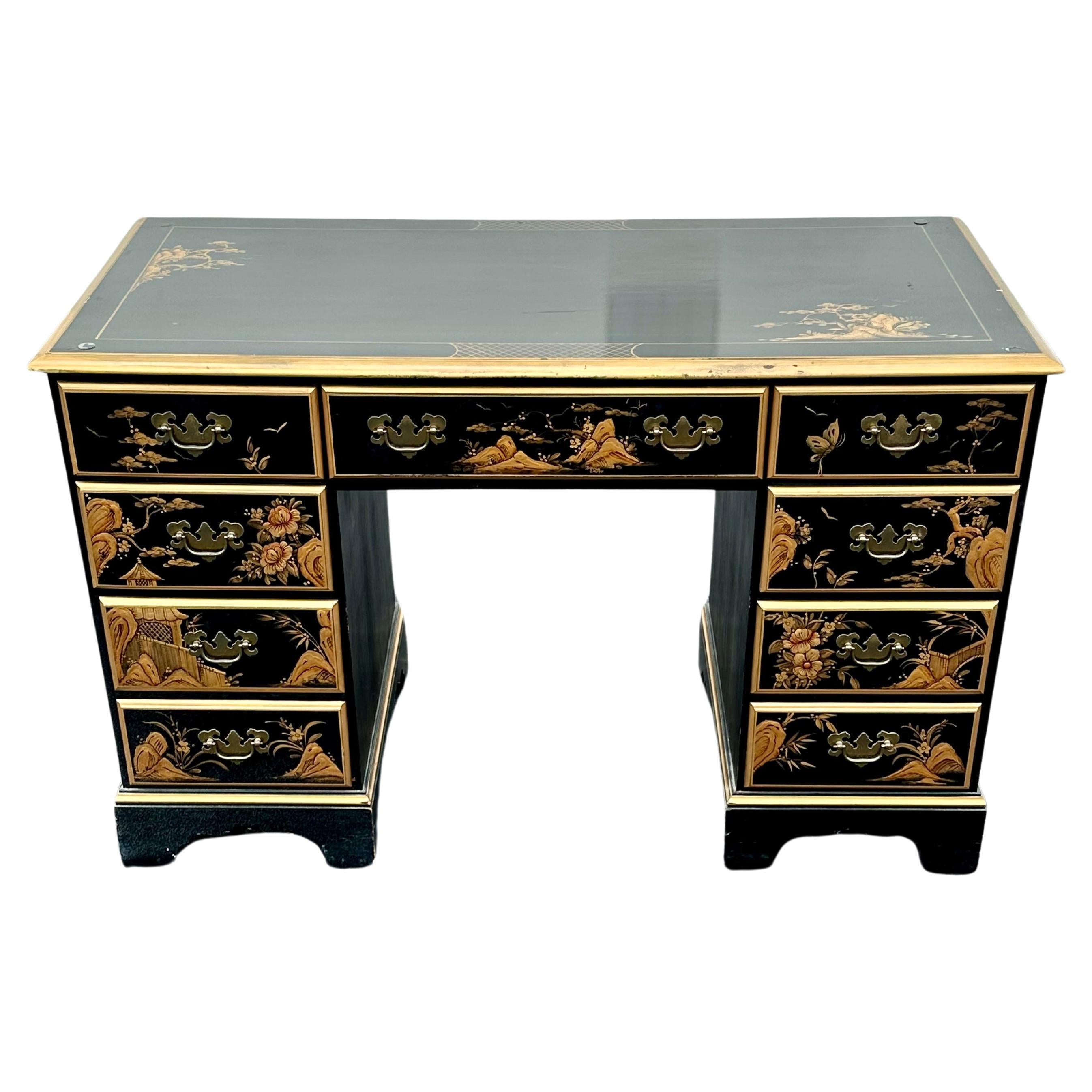 1960s Chinoiserie Hand Painted Black and Gold Wood Desk For Sale