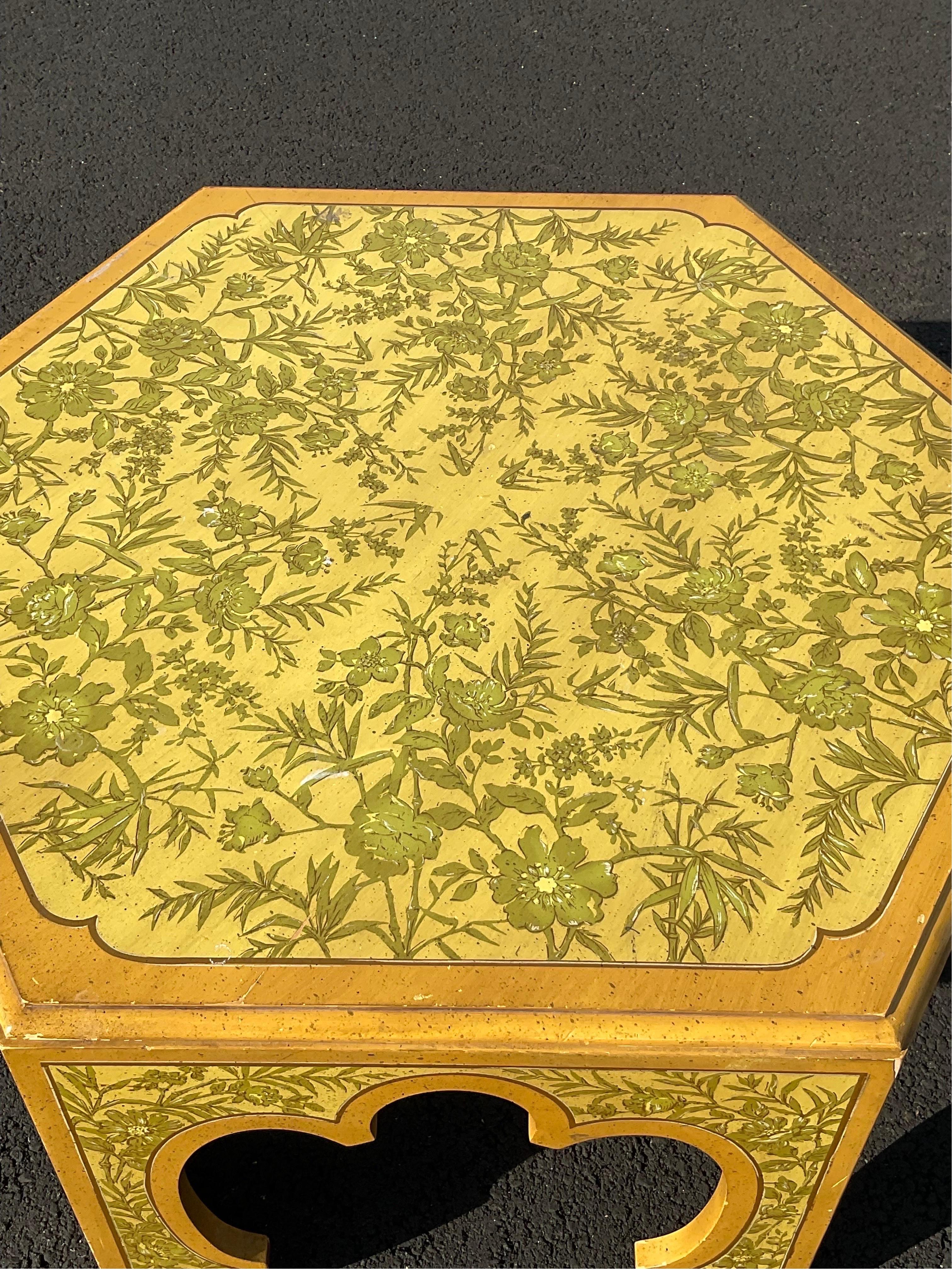 Extraordinary vintage cocktail with exquisite hand painted surfaces surrounding the entirety of the piece. Heavy Moroccan influence in the carved out legs with a distinct chinoiserie reference. Acquired from a local prominent St Louis Estate. It’s