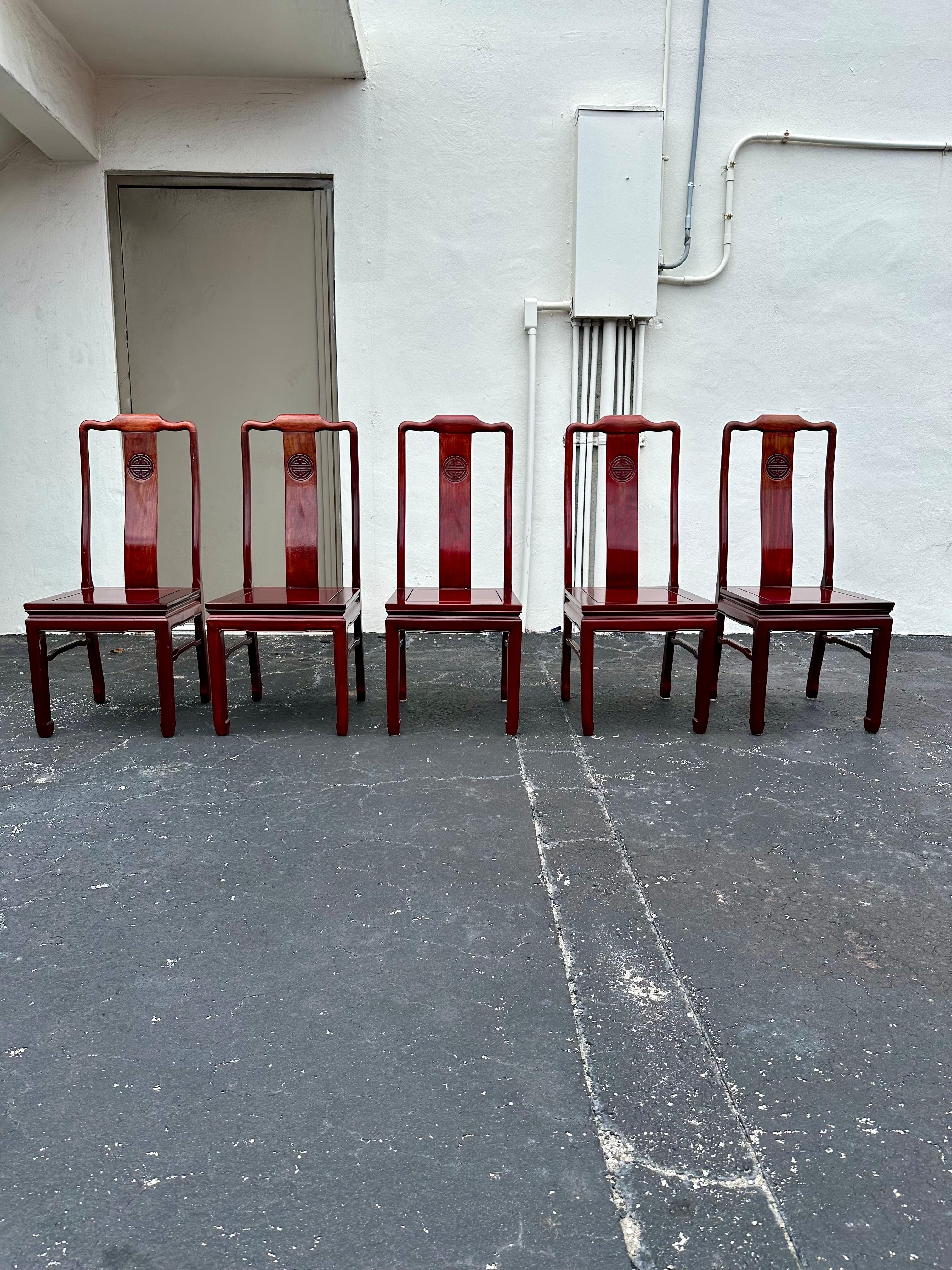 1960 Chinoiserie Table de salle à manger ovale à rallonge, style Ming 5 chaises, ensemble de 6 en vente 11