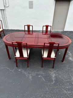 1960 Chinoiserie Estilo Ming Mesa de Comedor Ovalada Ampliada 5 Sillas, Juego de 6