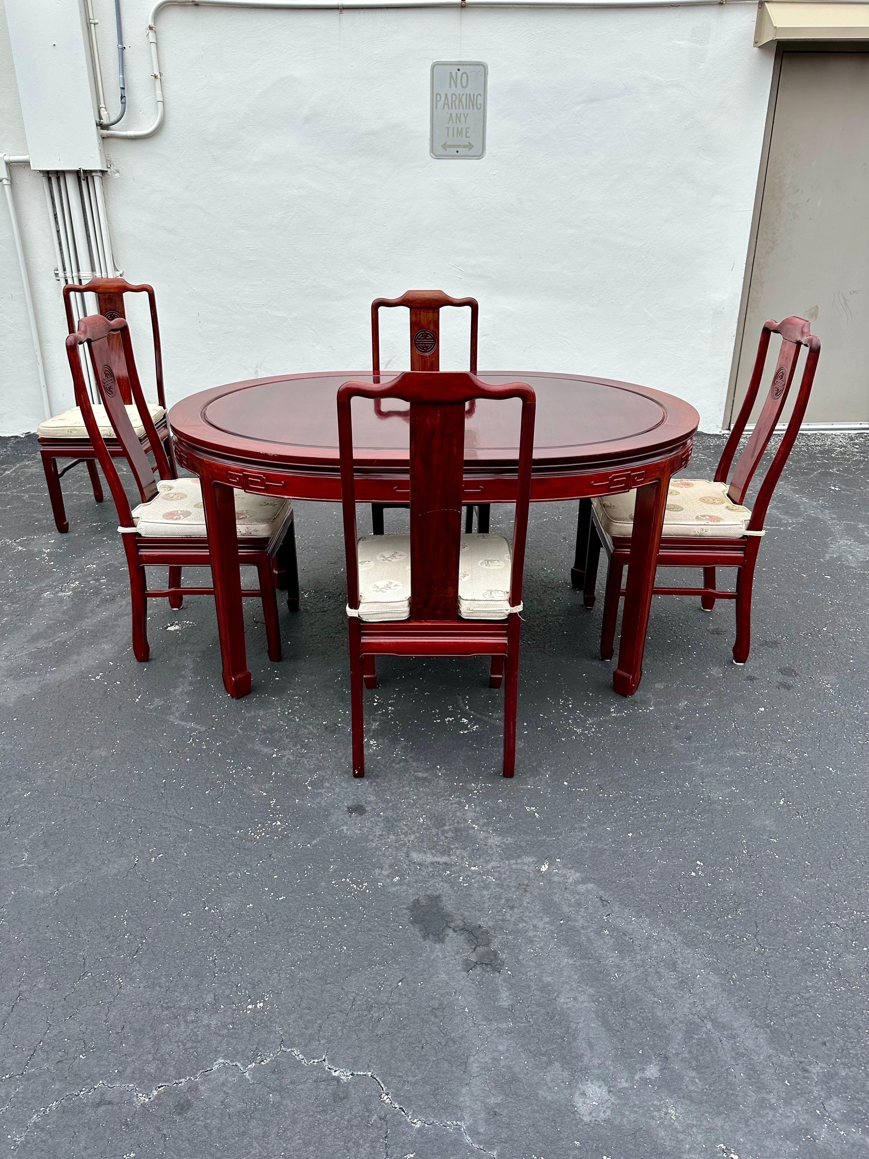 1960 Chinoiserie Table de salle à manger ovale à rallonge, style Ming 5 chaises, ensemble de 6 en vente 1