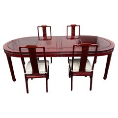 1960 Chinoiserie Estilo Ming Mesa de Comedor Ovalada Ampliada 5 Sillas, Juego de 6