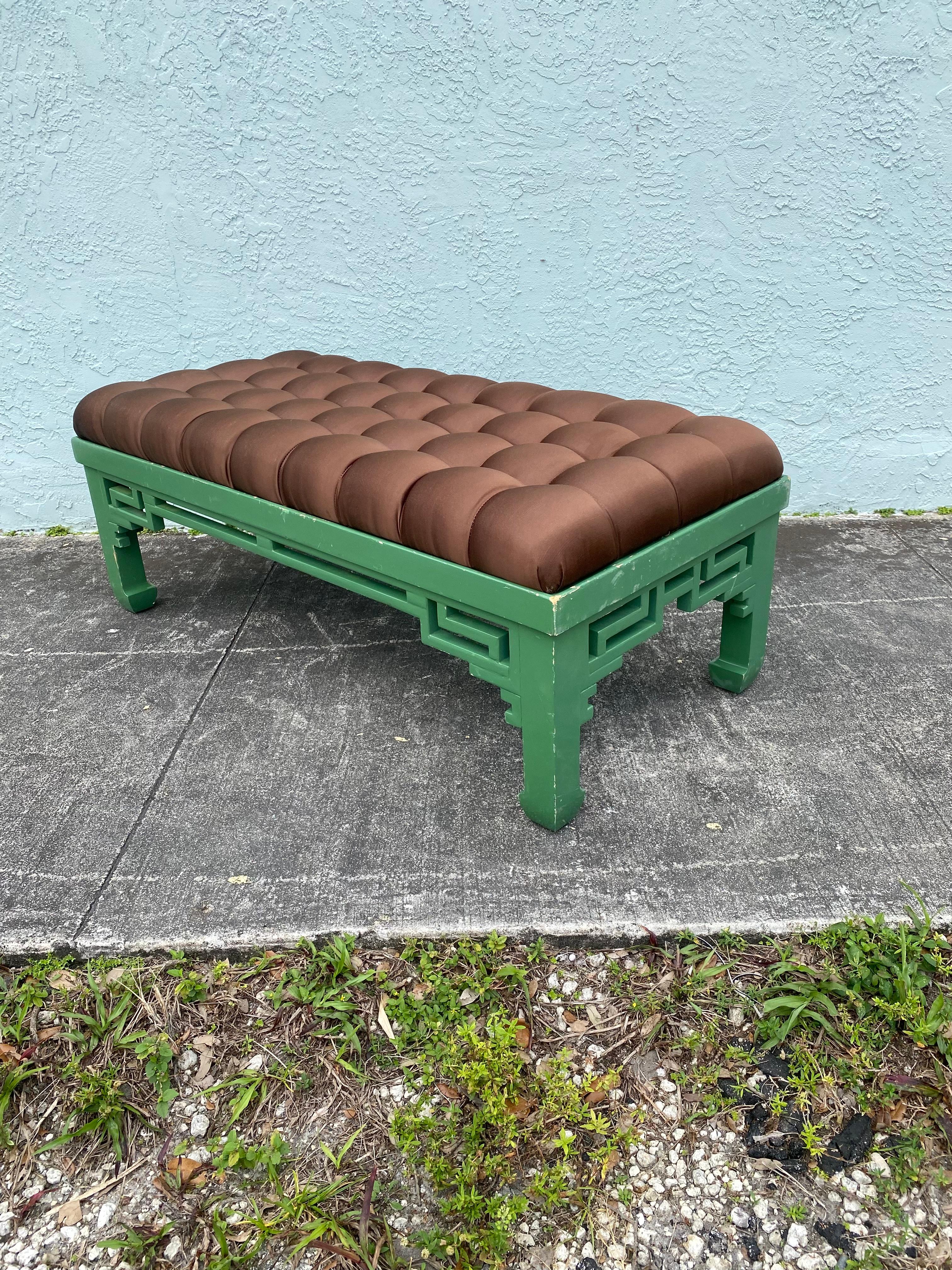 1960s Chinoiserie Ming Style Wood Tufted Bench Coffee Table In Good Condition For Sale In Fort Lauderdale, FL