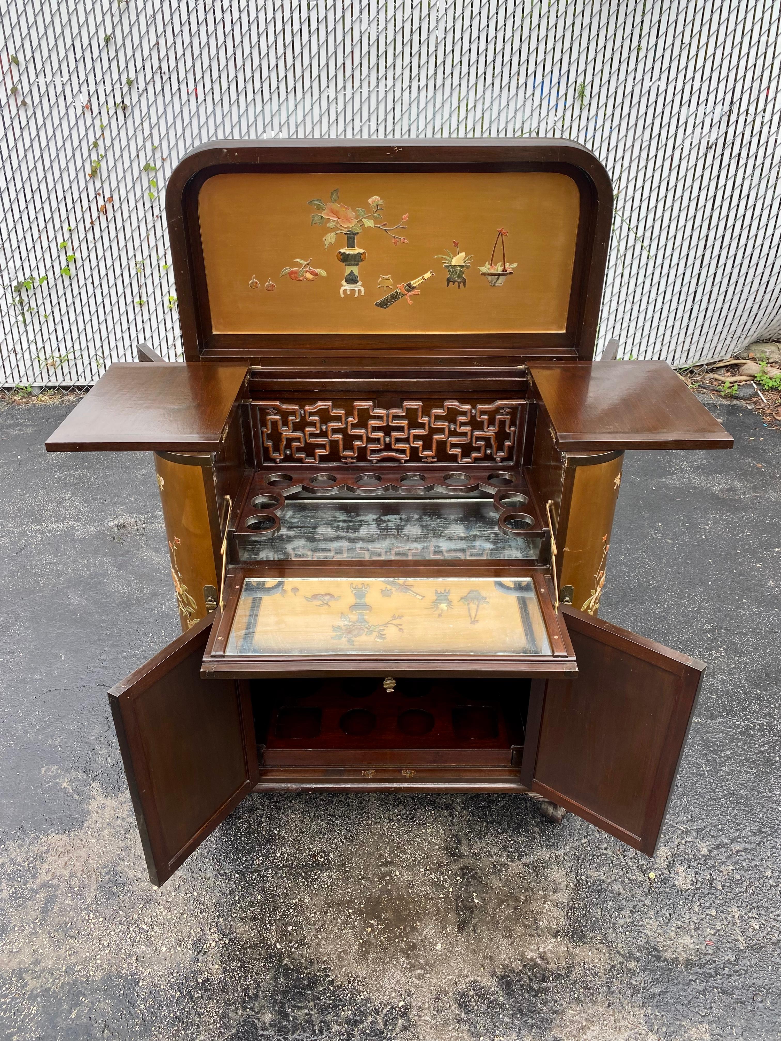 1960s Chinoserie Carved Wood Soap Stone Bar Cabinet For Sale 4