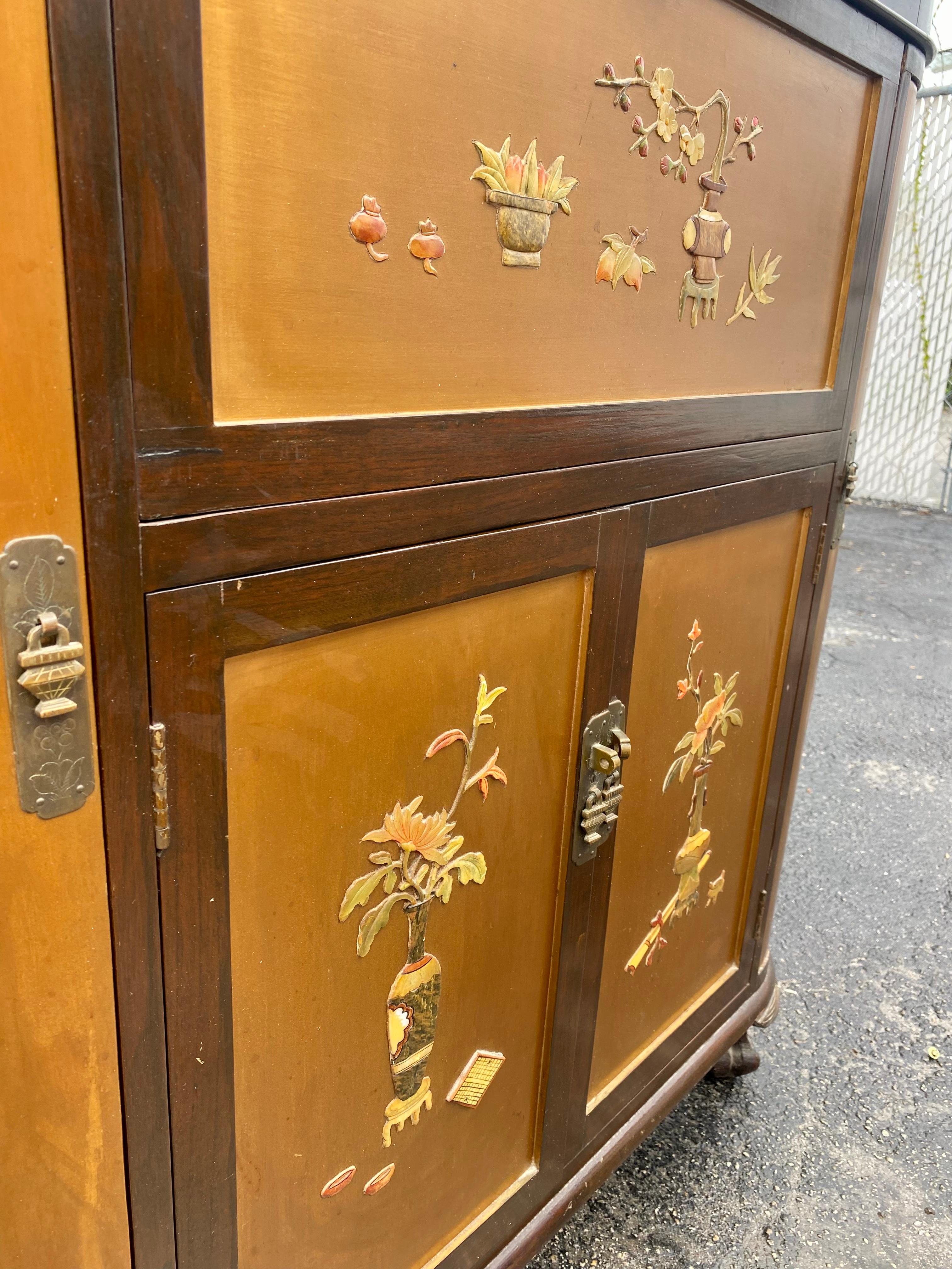 1960s Chinoserie Carved Wood Soap Stone Bar Cabinet For Sale 8