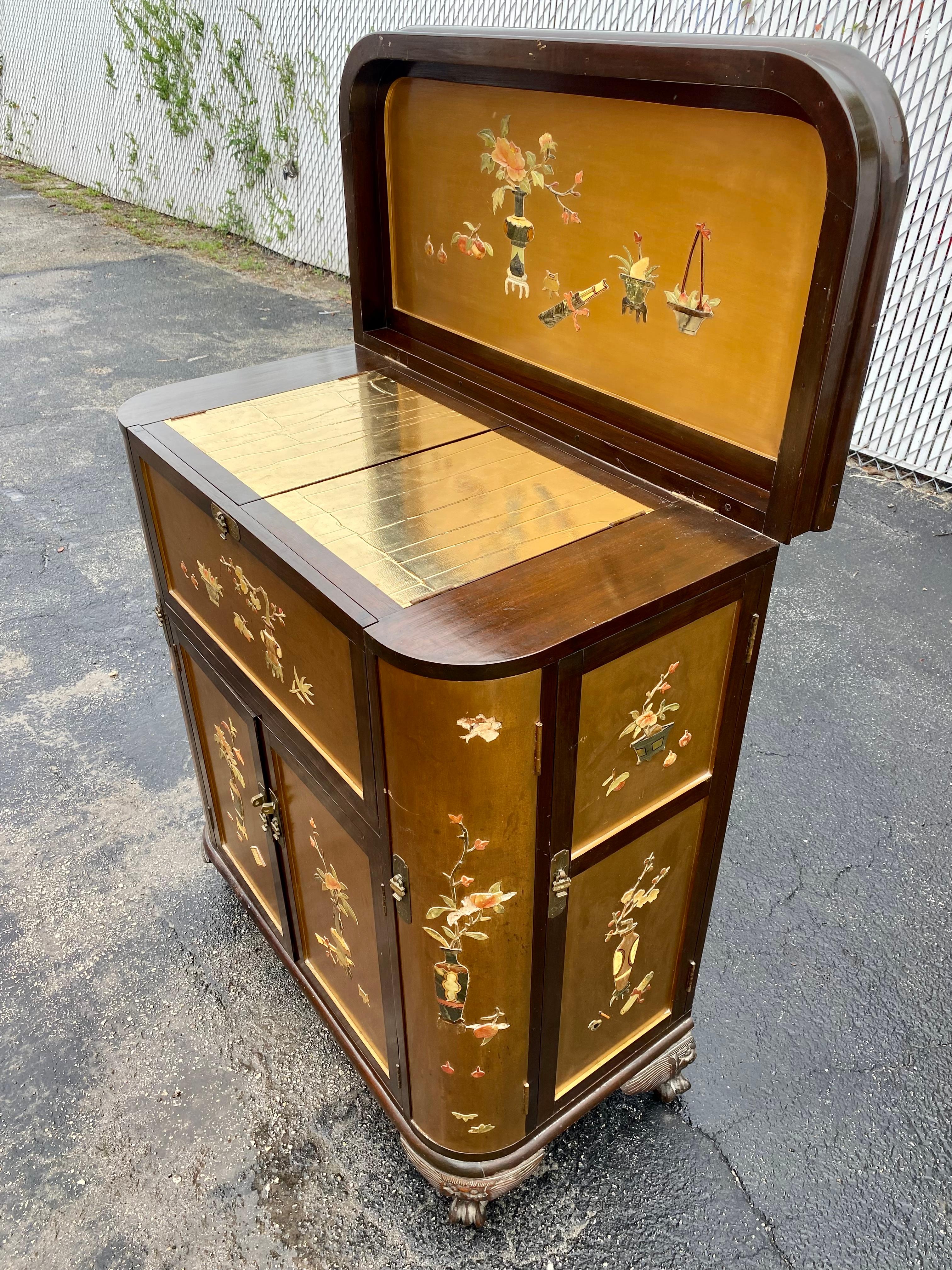 1960s Chinoserie Carved Wood Soap Stone Bar Cabinet In Good Condition For Sale In Fort Lauderdale, FL