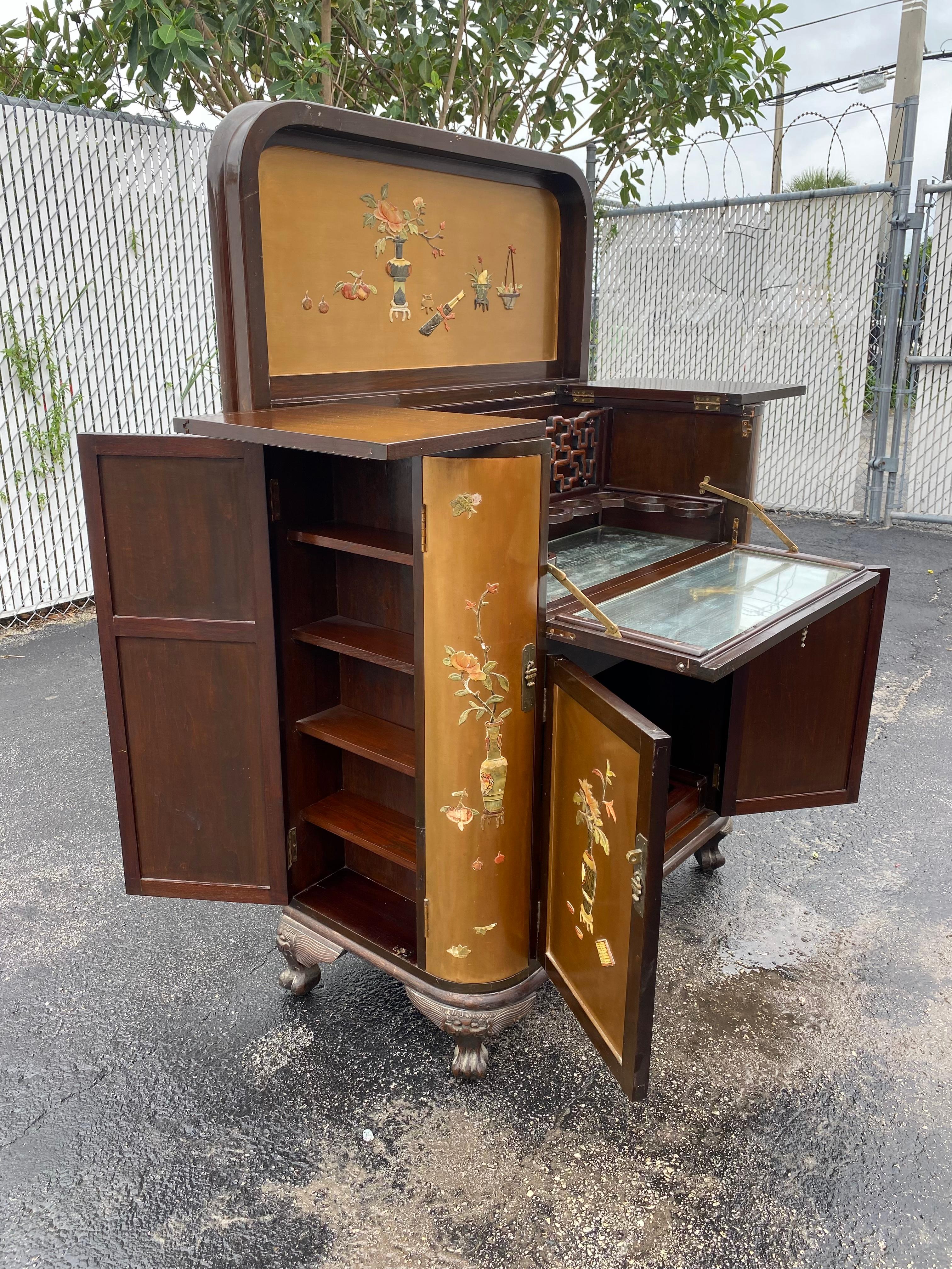 Mid-20th Century 1960s Chinoserie Carved Wood Soap Stone Bar Cabinet For Sale