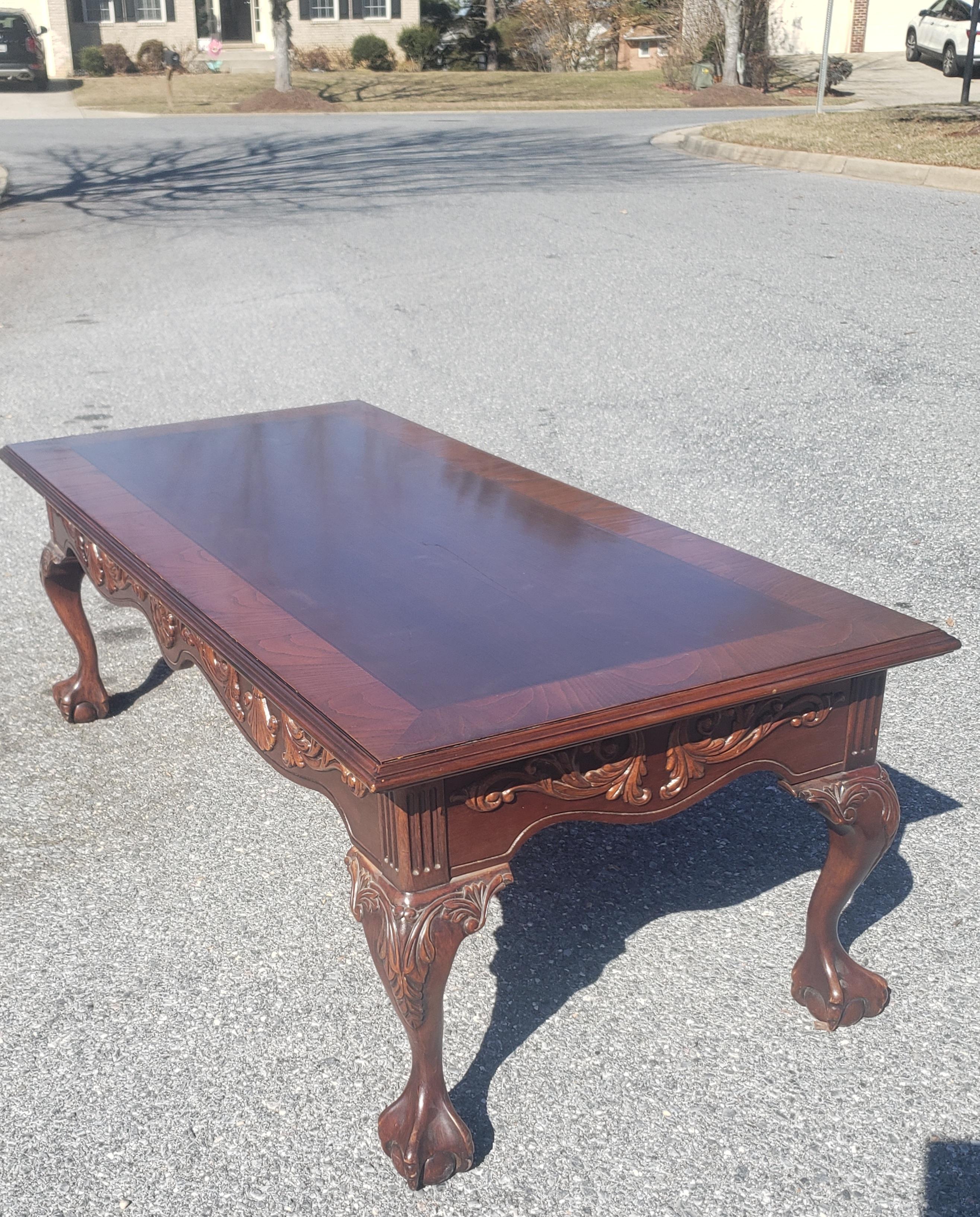 1960s Chippendale Style Banded Carved Mahogany with Ball Claw Feet Coffee Table For Sale 2