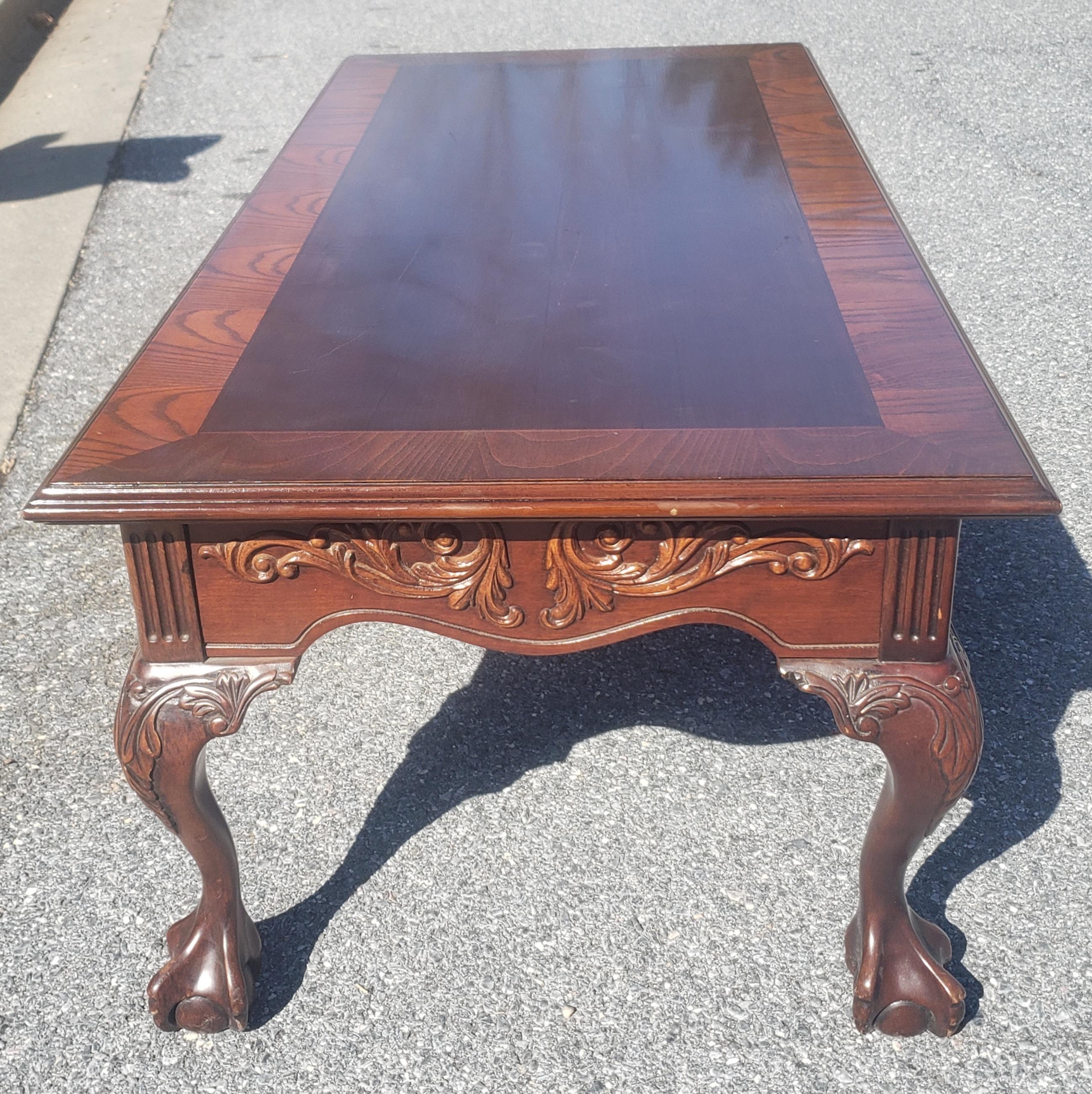 American 1960s Chippendale Style Banded Carved Mahogany with Ball Claw Feet Coffee Table For Sale