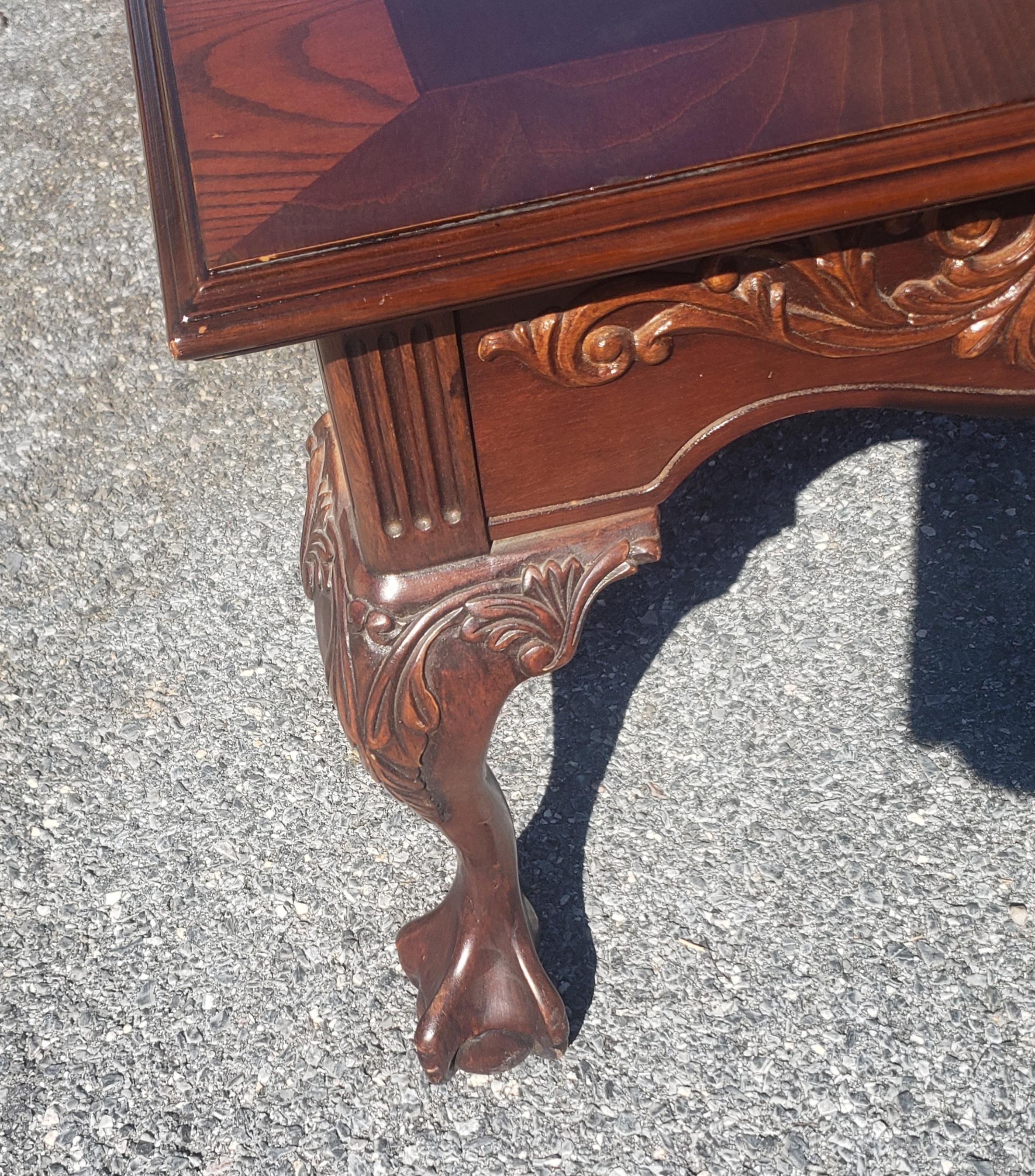 1960s Chippendale Style Banded Carved Mahogany with Ball Claw Feet Coffee Table In Good Condition For Sale In Germantown, MD