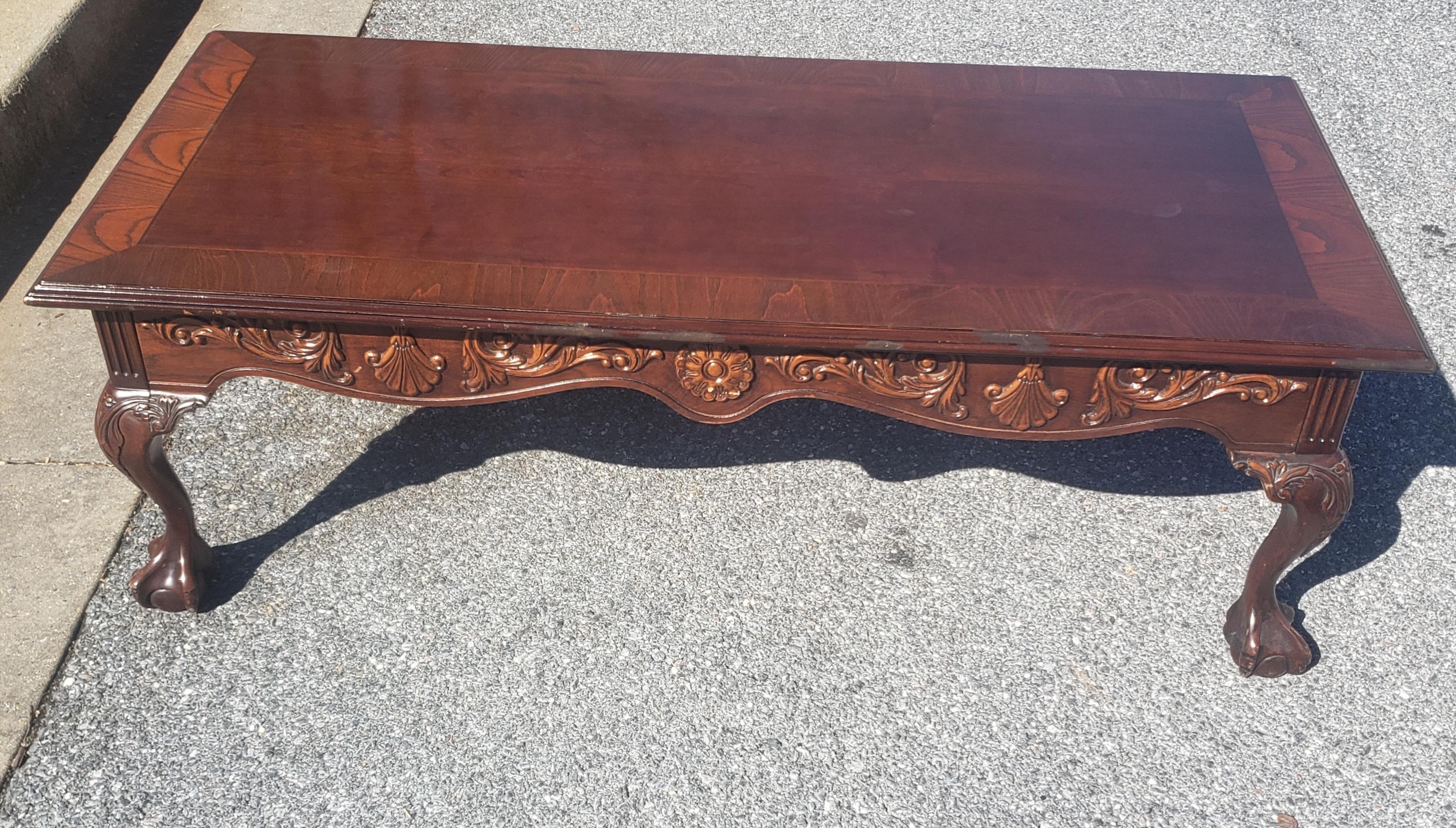 Fruitwood 1960s Chippendale Style Banded Carved Mahogany with Ball Claw Feet Coffee Table For Sale