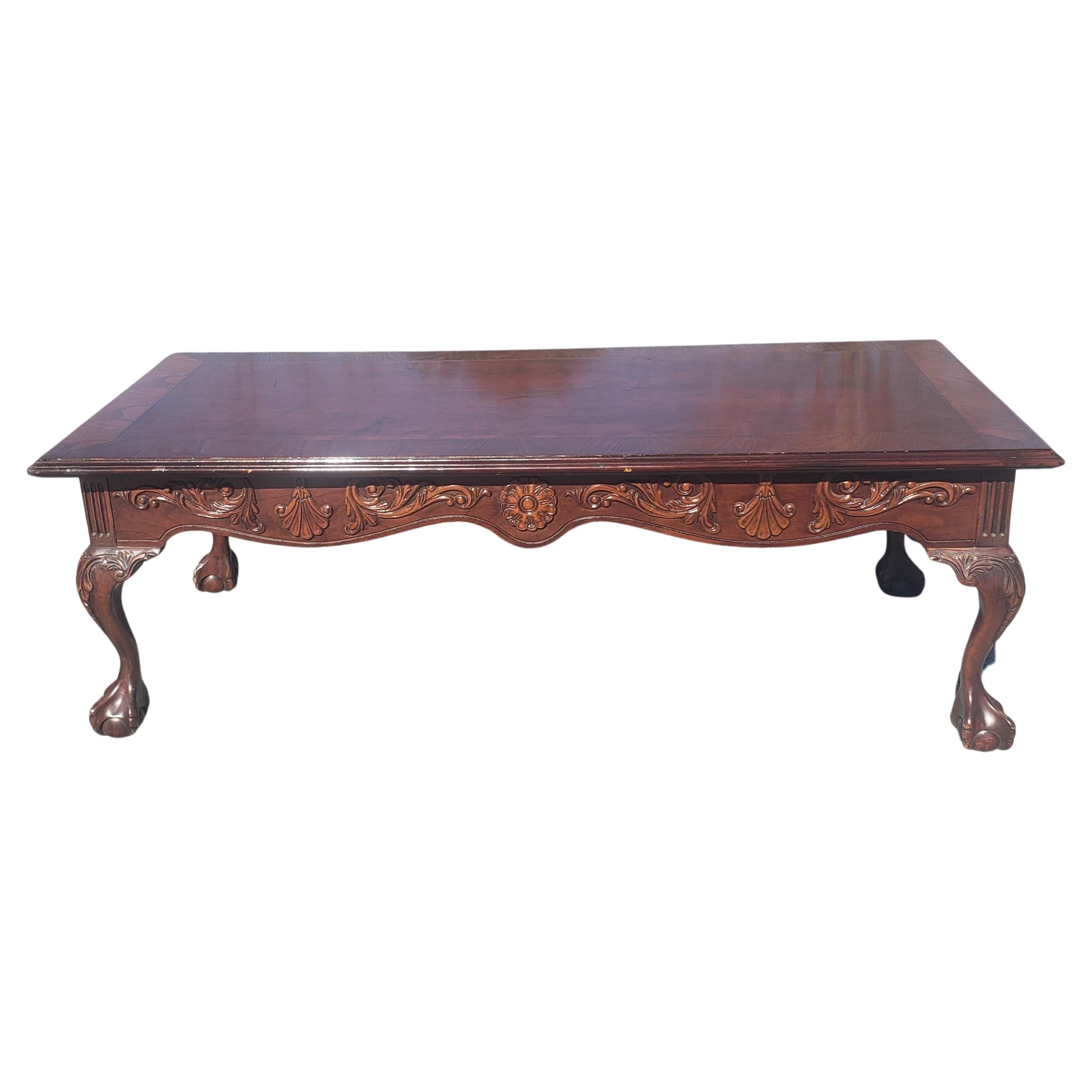 1960s Chippendale Style Banded Carved Mahogany with Ball Claw Feet Coffee Table
