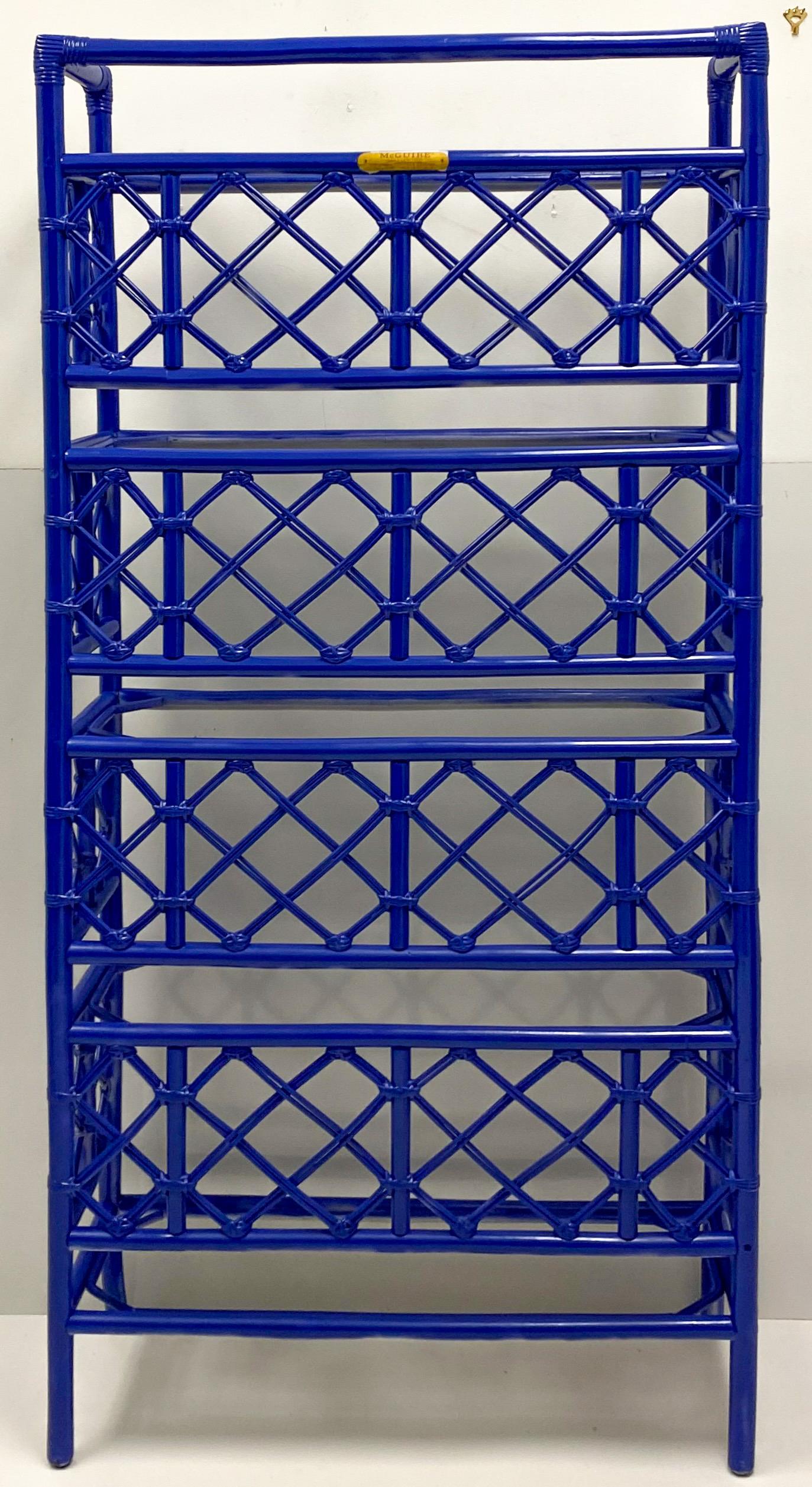 American 1960s Chippendale Style Blue Painted Rattan Shelf / Etagere by McGuire For Sale