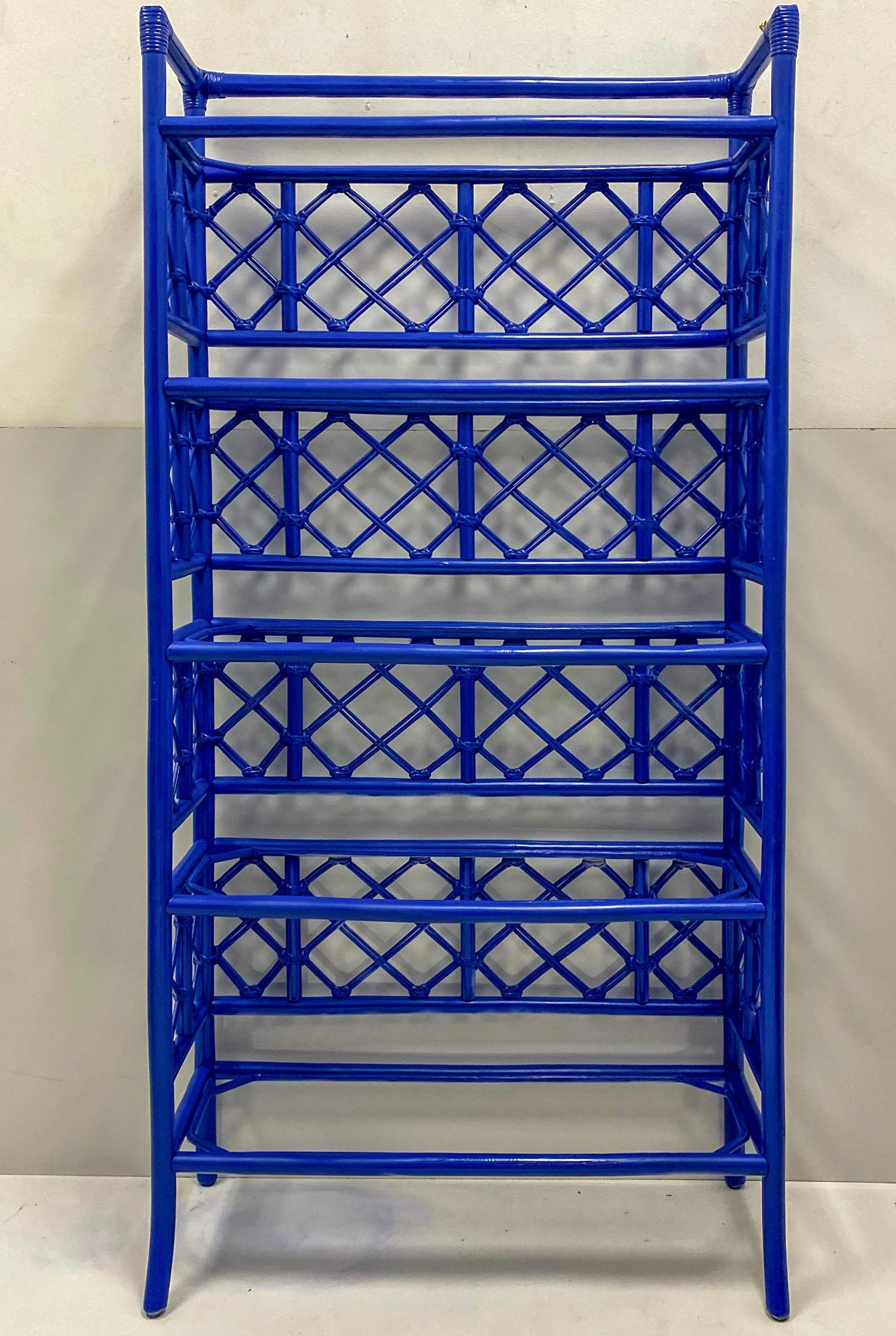 1960s Chippendale Style Blue Painted Rattan Shelf / Etagere by McGuire In Good Condition For Sale In Kennesaw, GA