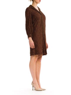 1960S Chocolate Brown Hand Beaded Silk Chiffon Long Sleeve Cocktail Shirt Dress