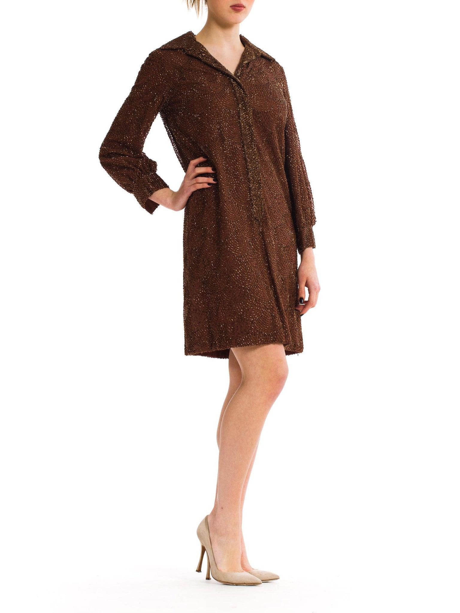 1960S Chocolate Brown Hand Beaded Silk Chiffon Long Sleeve Cocktail Shirt Dress In Excellent Condition For Sale In New York, NY