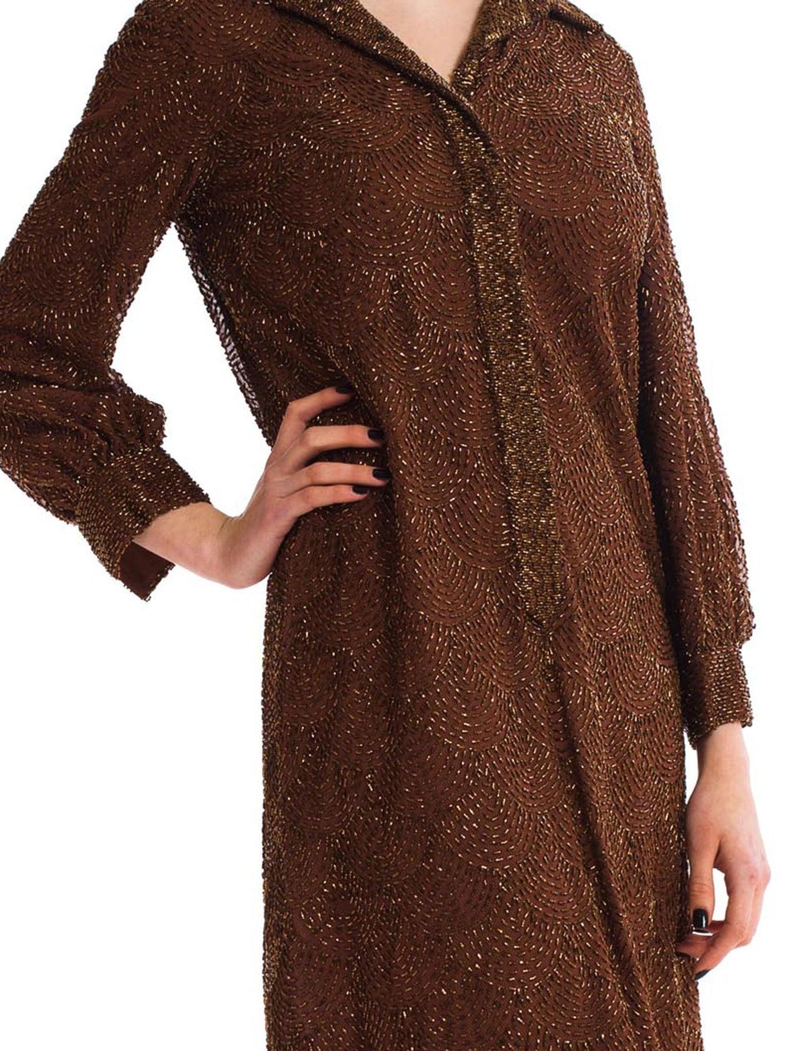 Women's 1960S Chocolate Brown Hand Beaded Silk Chiffon Long Sleeve Cocktail Shirt Dress For Sale