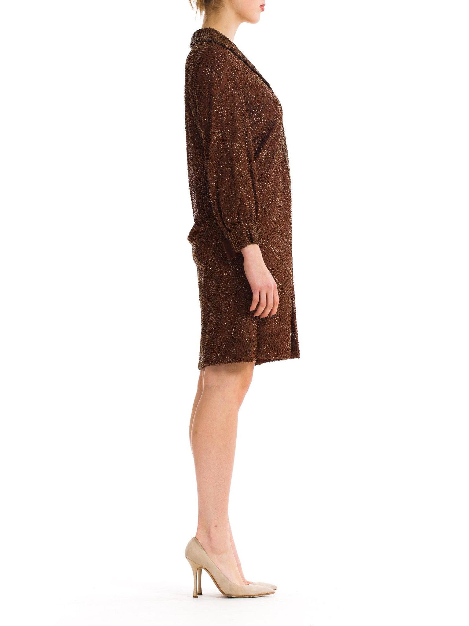 1960S Chocolate Brown Hand Beaded Silk Chiffon Long Sleeve Cocktail Shirt Dress For Sale 1