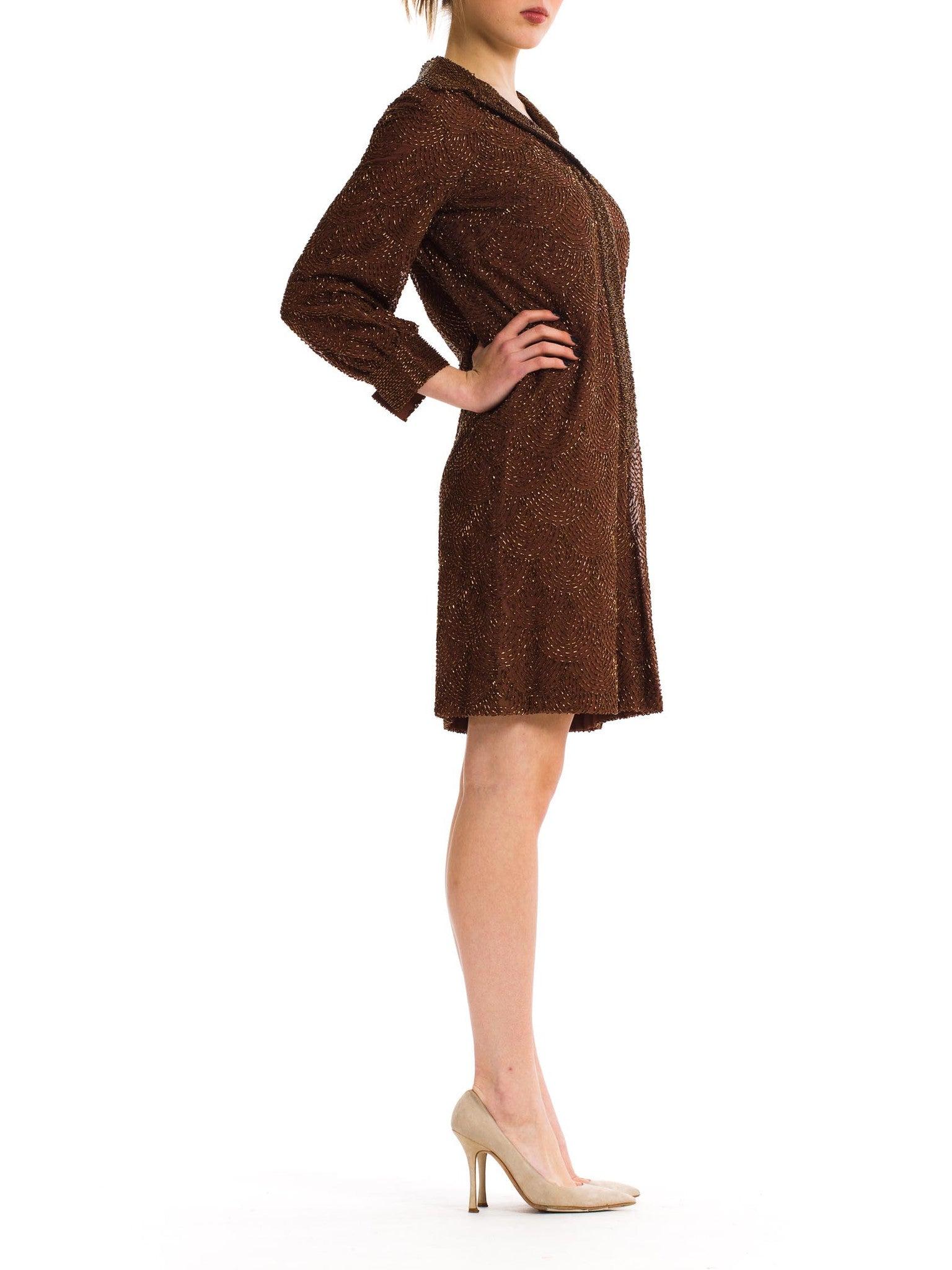 1960S Chocolate Brown Hand Beaded Silk Chiffon Long Sleeve Cocktail Shirt Dress For Sale 2