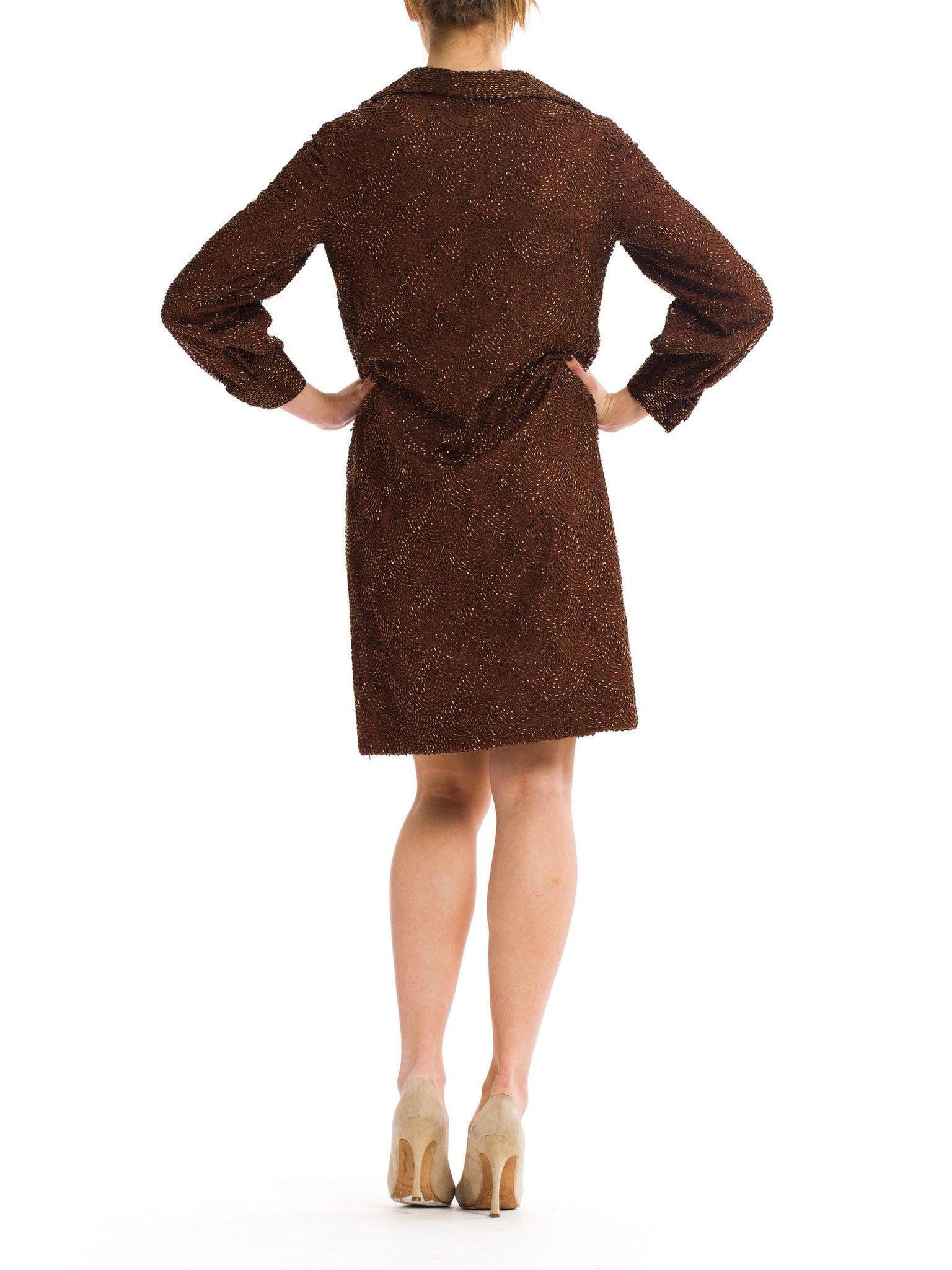 1960S Chocolate Brown Hand Beaded Silk Chiffon Long Sleeve Cocktail Shirt Dress For Sale 3