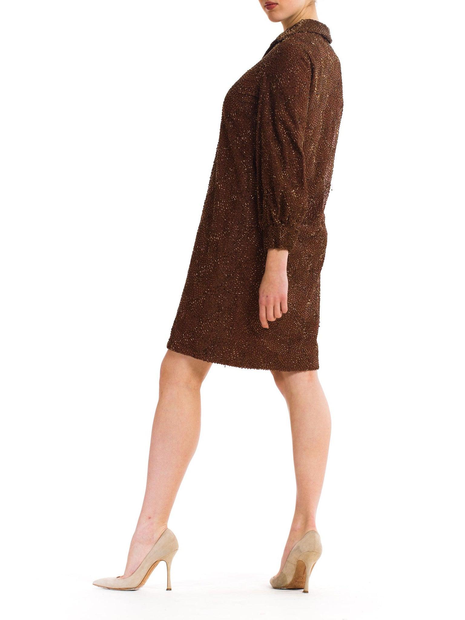 1960S Chocolate Brown Hand Beaded Silk Chiffon Long Sleeve Cocktail Shirt Dress For Sale 4