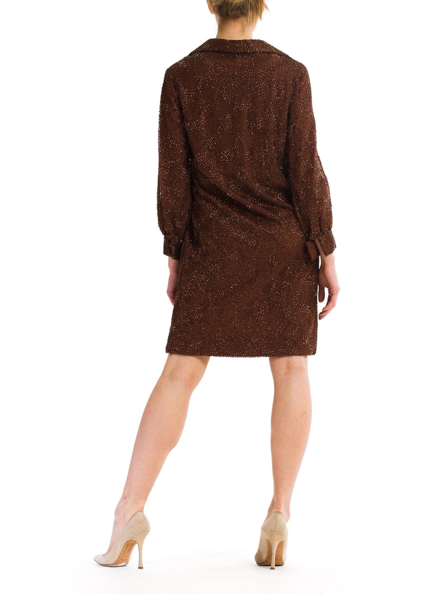 1960S Chocolate Brown Hand Beaded Silk Chiffon Long Sleeve Cocktail Shirt Dress For Sale 5