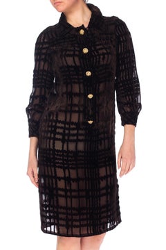 1960S Chocolate Brown Sheer Rayon Blend Burnout Velvet Long Sleeve Dress With G