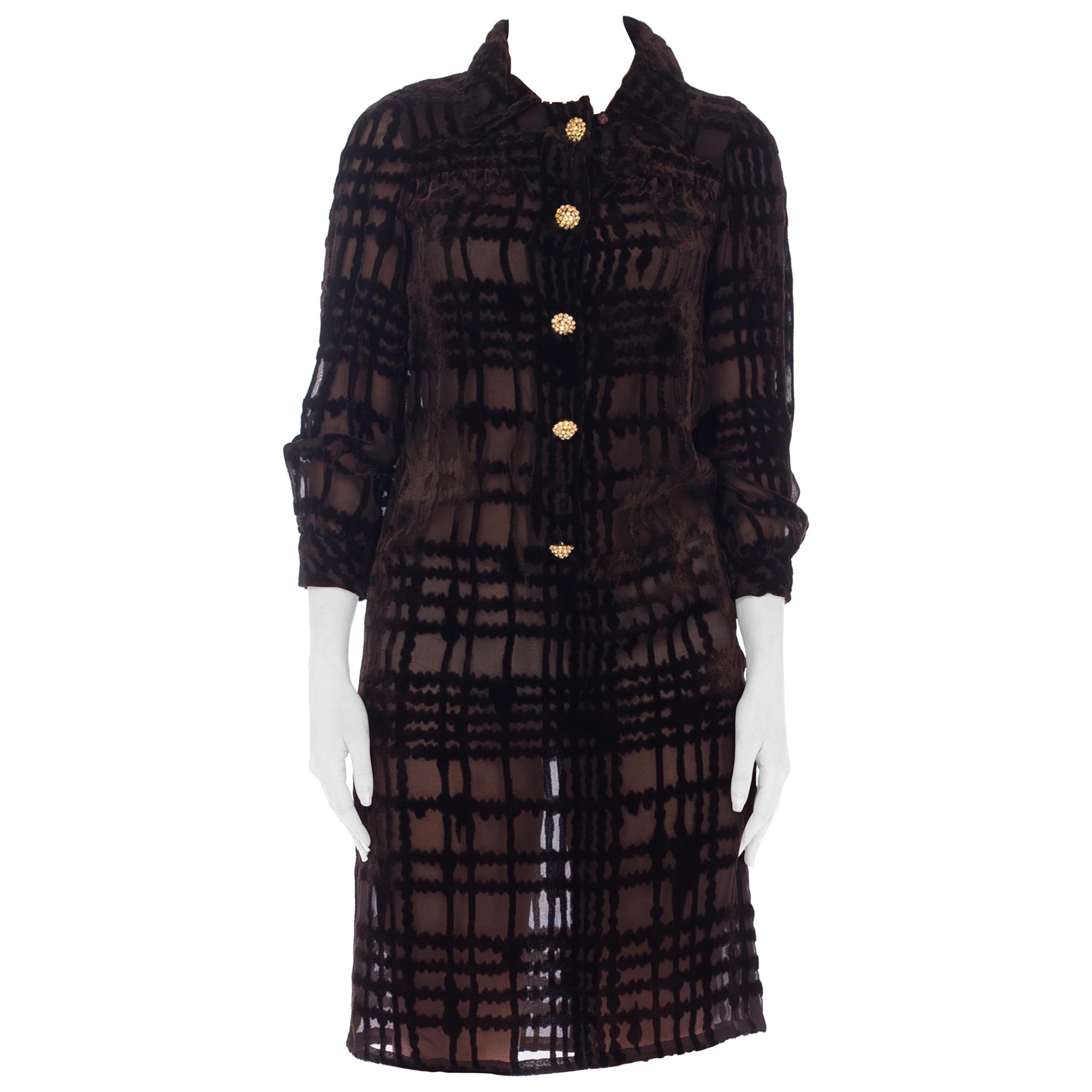 Schokoladenbraunes, durchsichtiges langärmeliges Kleid aus Viskosemischung mit Ausbrenner aus Samt mit G, 1960er Jahre im Angebot