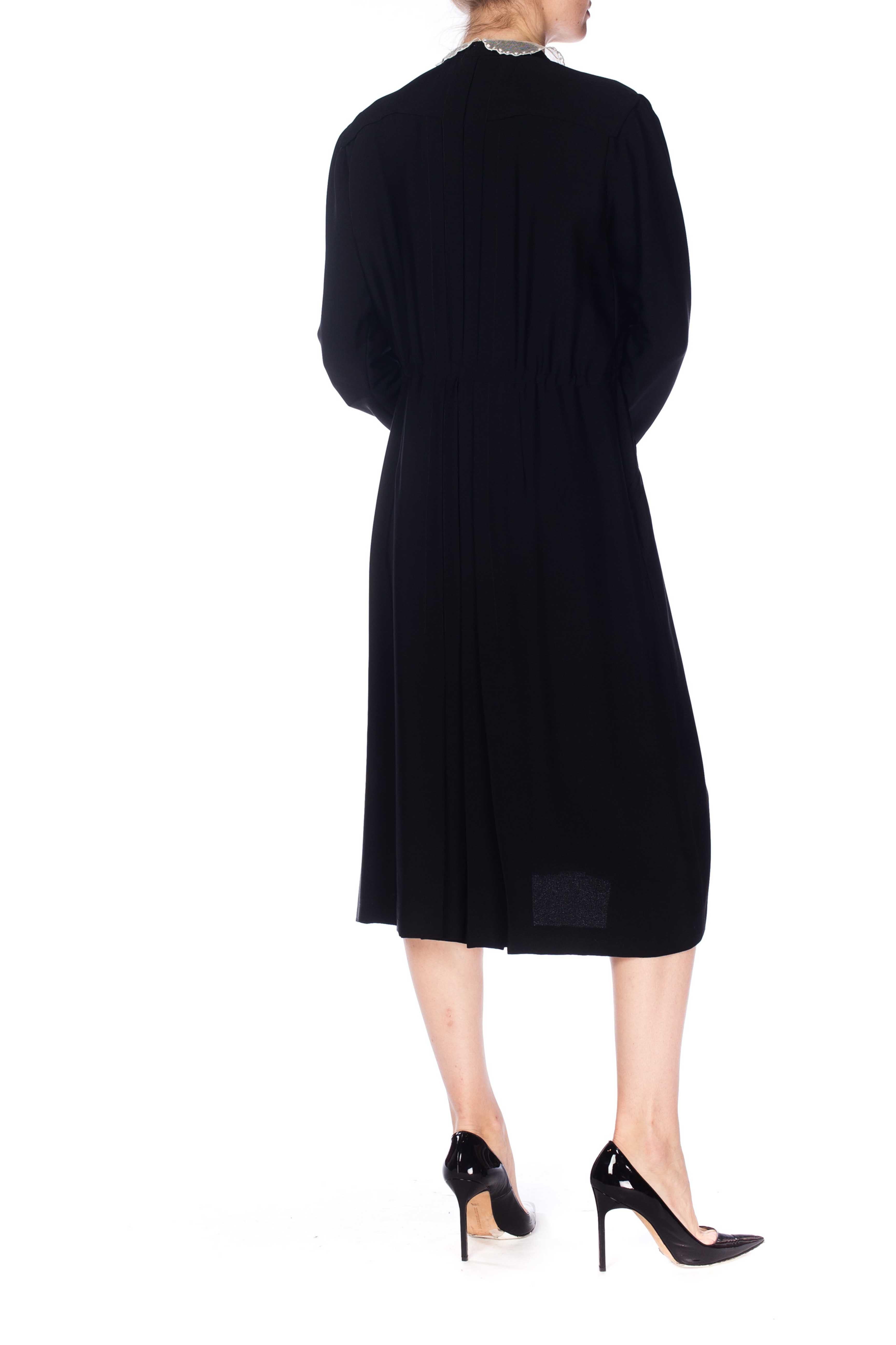 Women's 1930S Black Silk Gabardine Day Dress With Lace Collar, Deco Pockets & Removable For Sale
