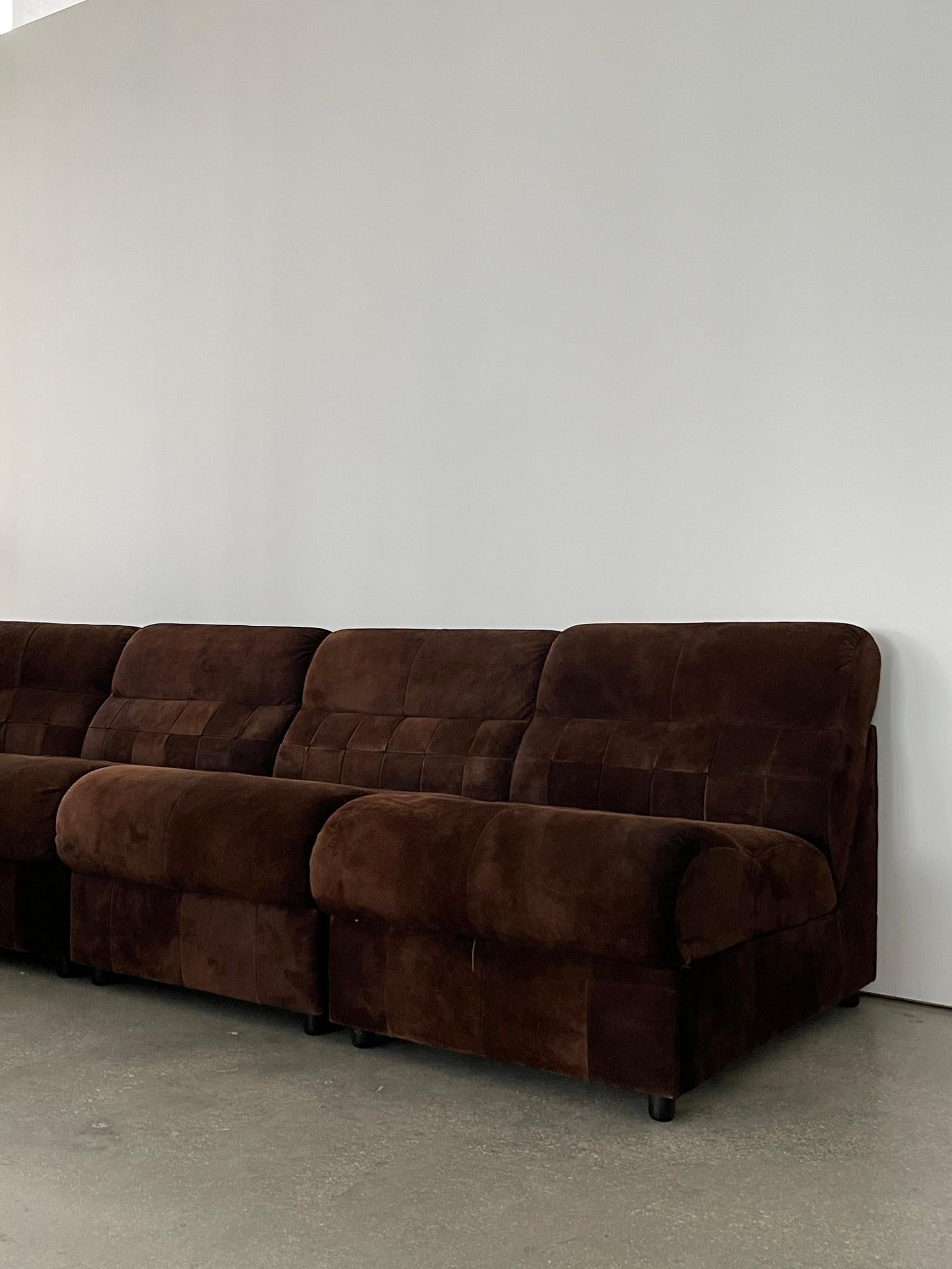 1960's Chocolate Suede Patchwork Percival Lafer Sectional Sofa In Good Condition In Miami, FL