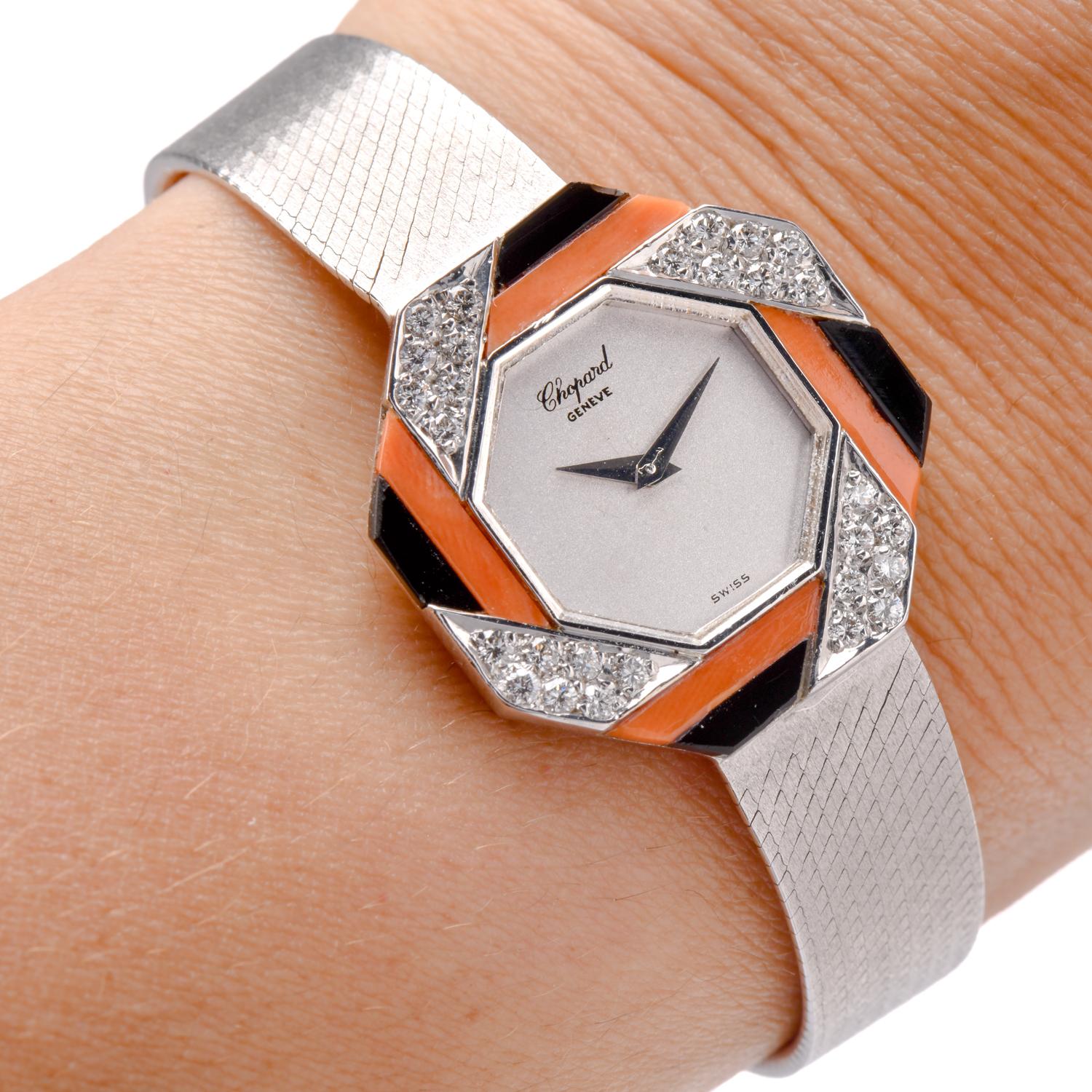 This Elegant Vintage 1960s Chopard gold ladies' watch is crafted in 18k White gold. It Features a hexagon-shaped case set with diamond, coral, and onyx. Silver color dial with silver color sword hands. Chopard Mechanical movement and White gold