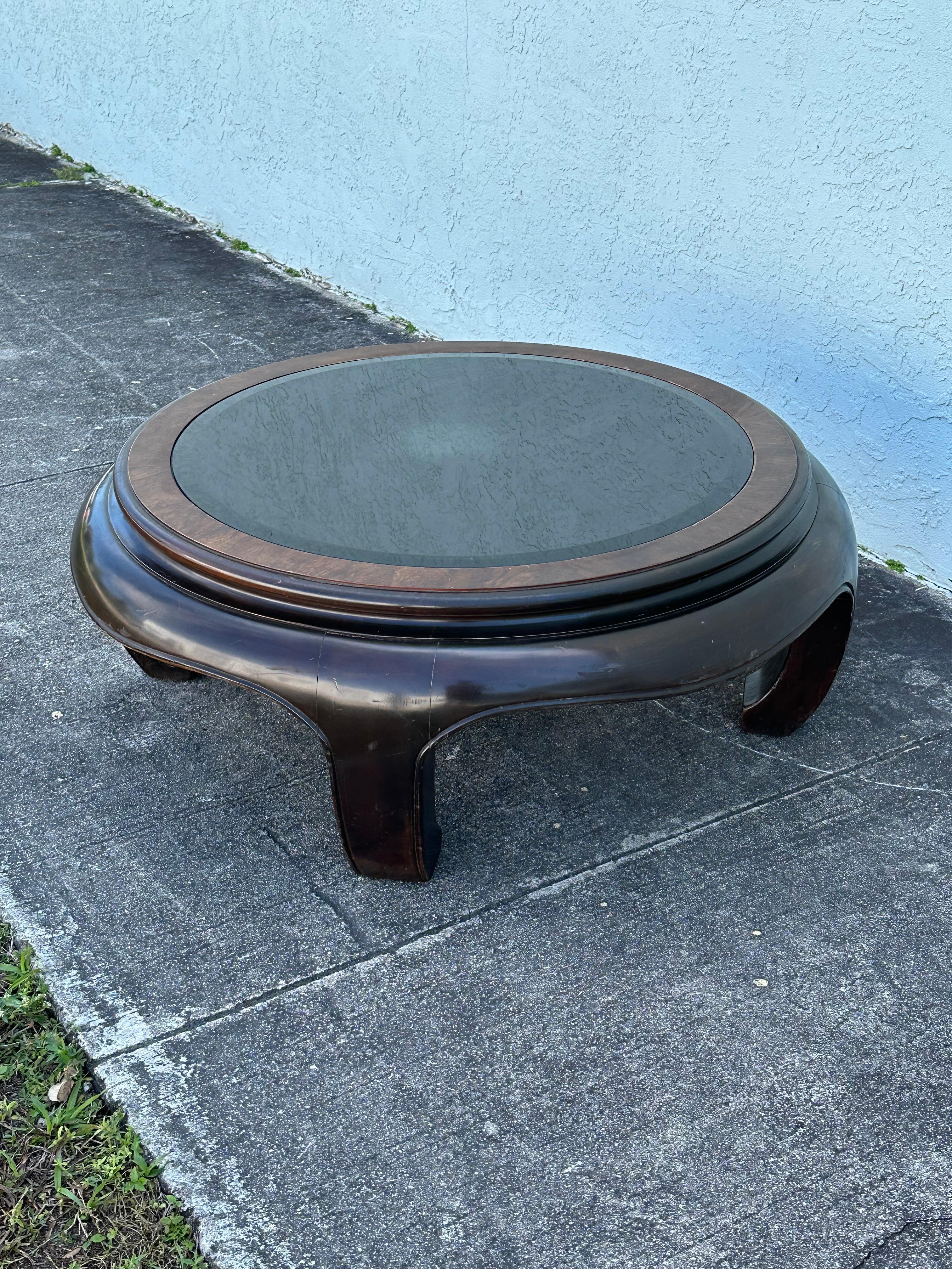 Asian 1960s Chow Legs Round Coffee Table with Black Glass Insert Top