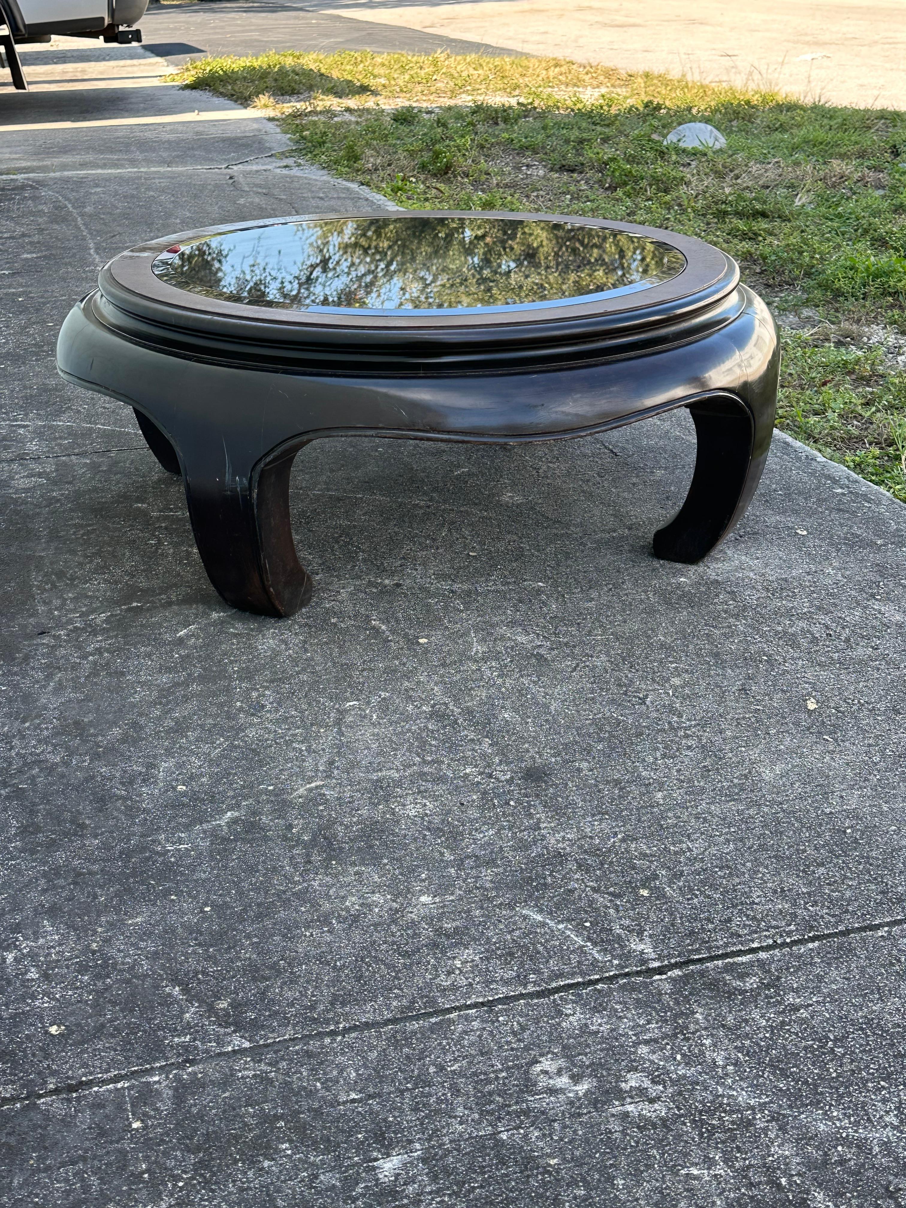1960s Chow Legs Round Coffee Table with Black Glass Insert Top 1