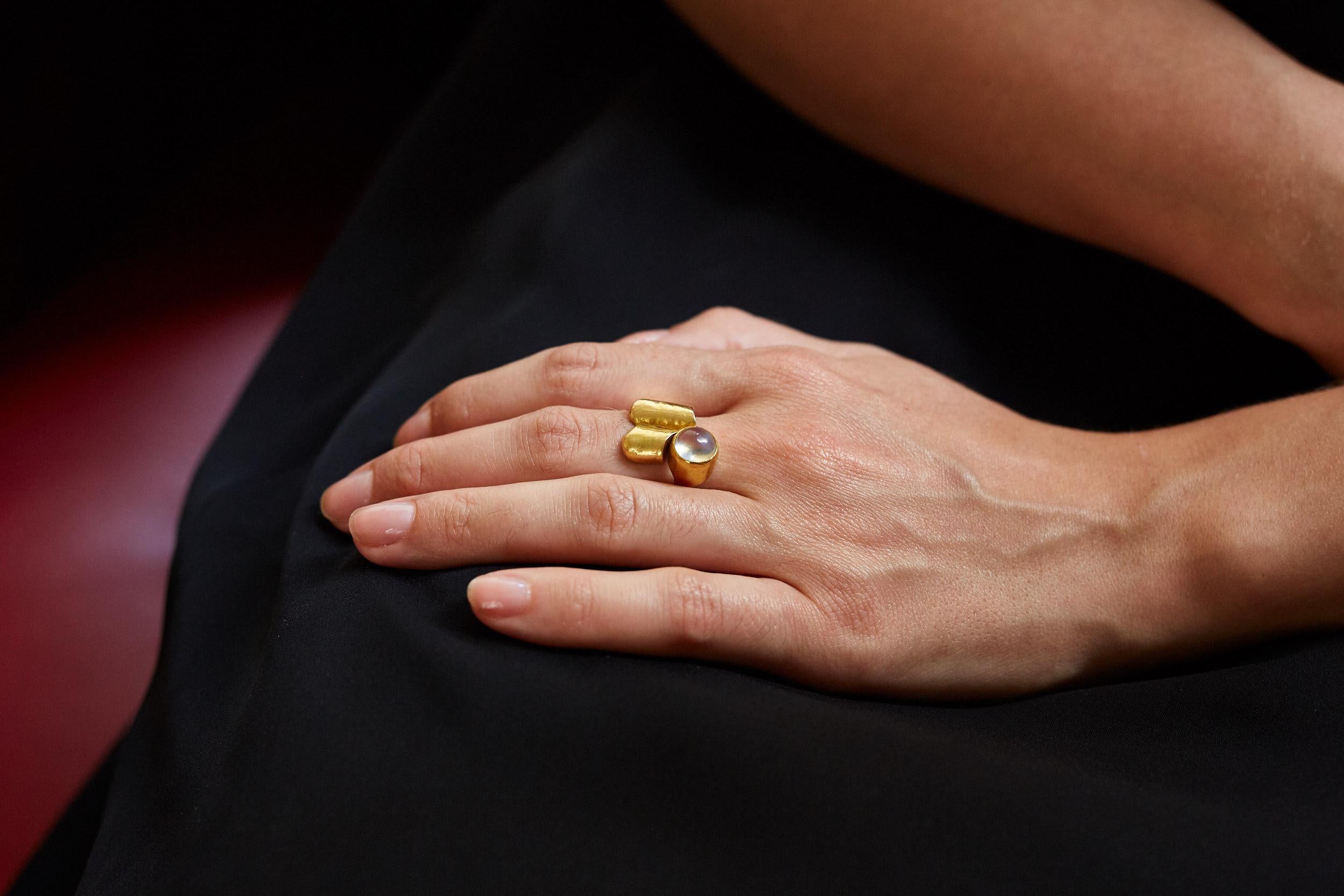 1960s Christa Bauer, Modernist Moonstone and Gold Ring In Excellent Condition In New York, NY