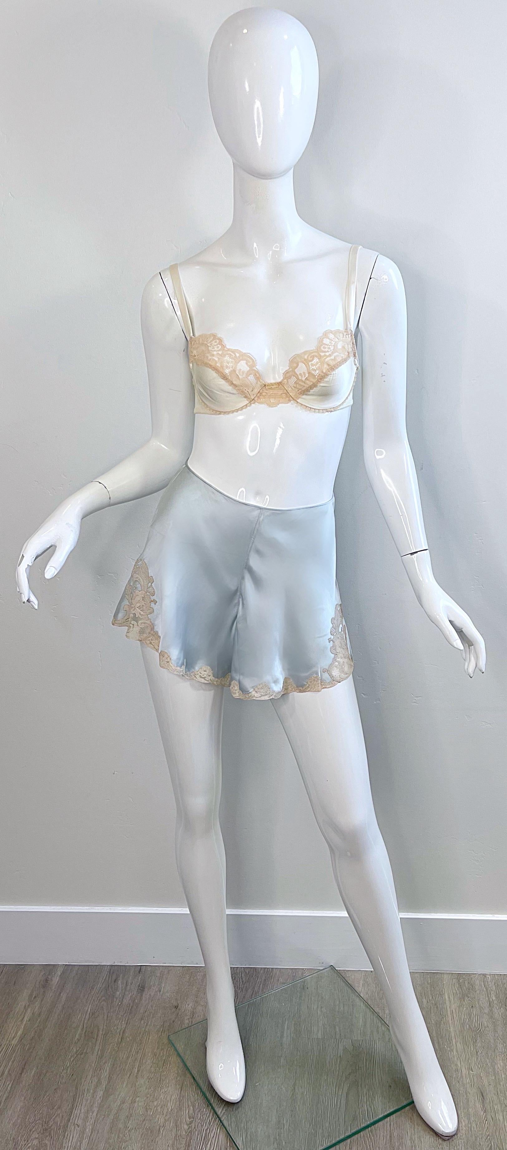 1960s Christian Dior 32A Silk Three Piece Bloomers Bra 60s Vintage Lingerie Set In Excellent Condition For Sale In San Diego, CA