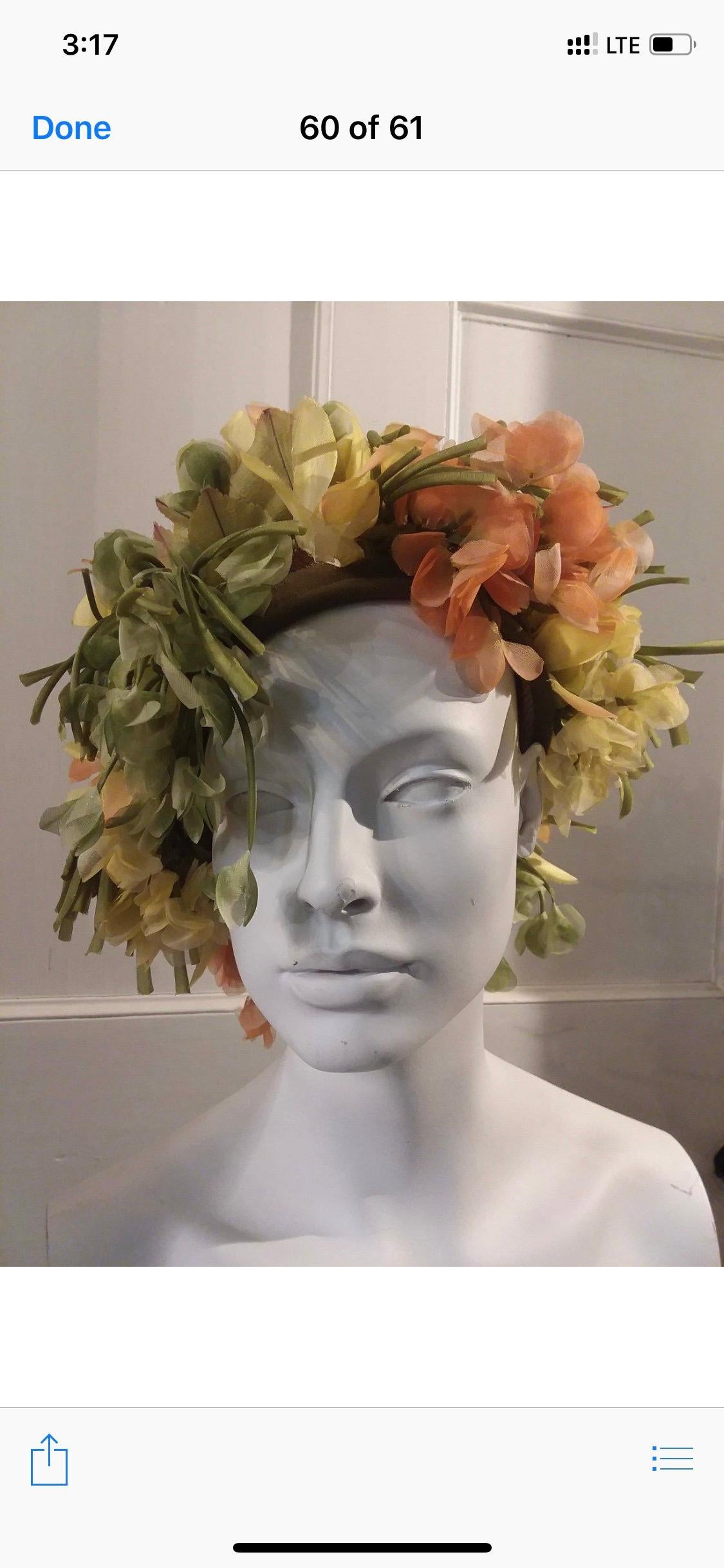 1960s Christian Dior Autumnal Hat W/ Silk Florals & Leaves Over Netting. Olive velvet edging. Originally sold at John Wanamakers, Philadelphia. Size - Medium. 