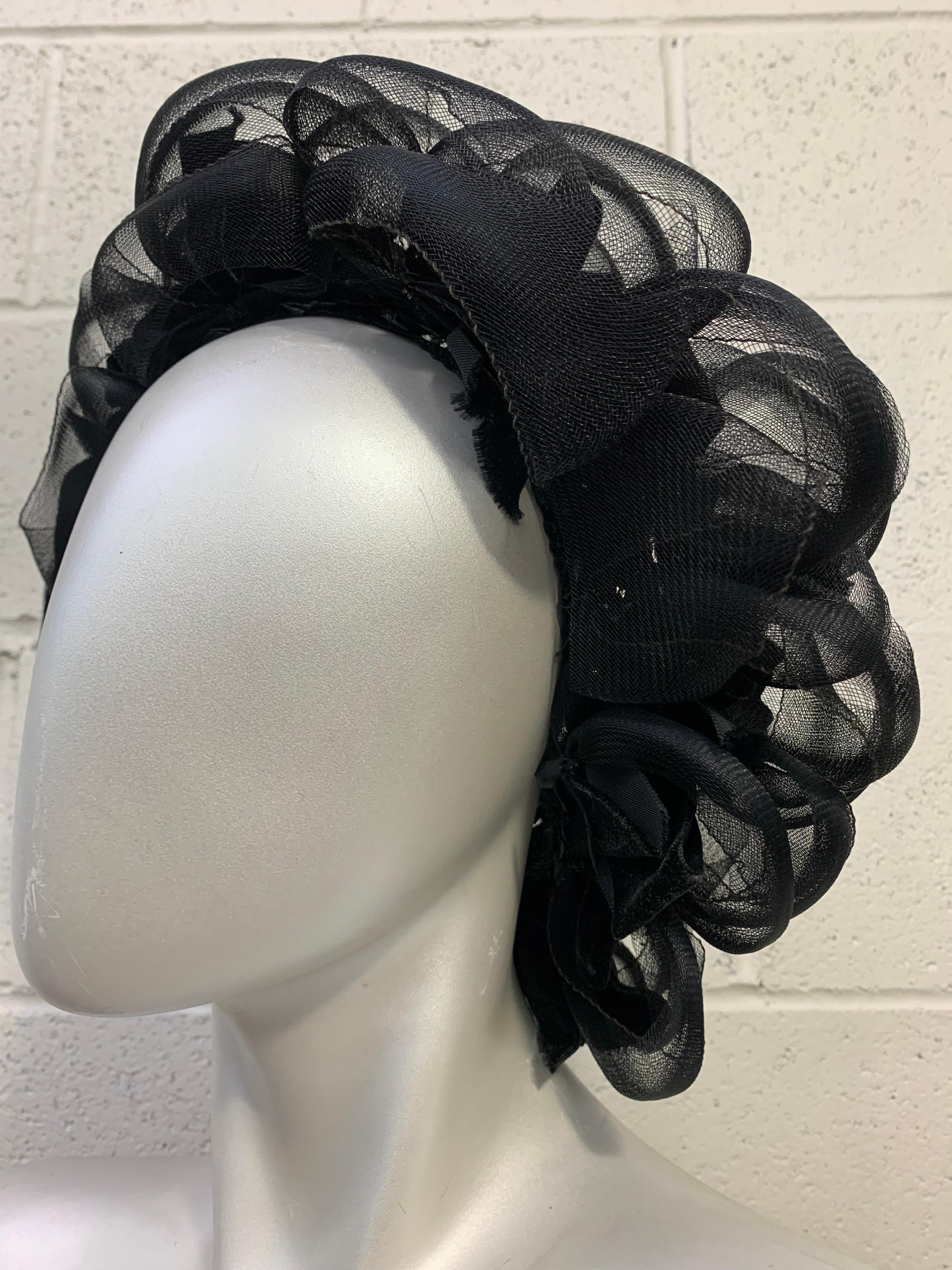  1960s Christian Dior Black Horsehair & Net Dramatic Looped Cocktail Hat with Fitted Net Cap Crown:  This campy statement  from Christian Dior Chapeaux would fit right in the club scene from Sweet Charity. One size fits all. 