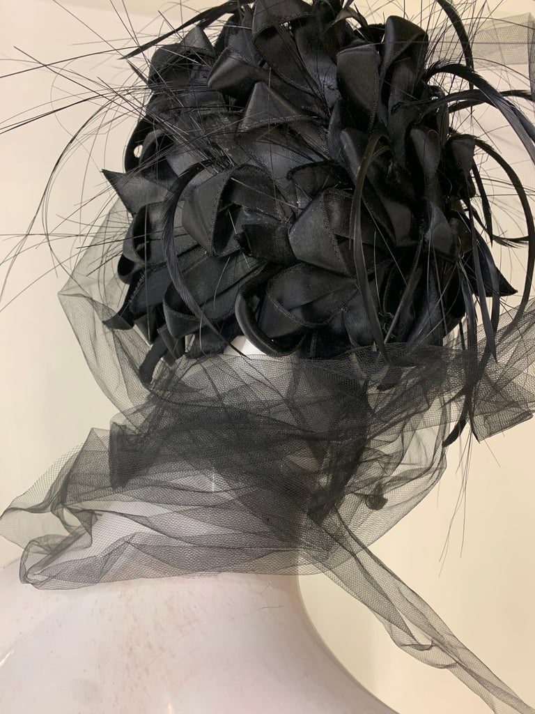 1960s Christian Dior Black Tulle Feather Turban Vintage 1960s Christian Dior Cobalt Tulle and Black Feather Beehive  main image 4