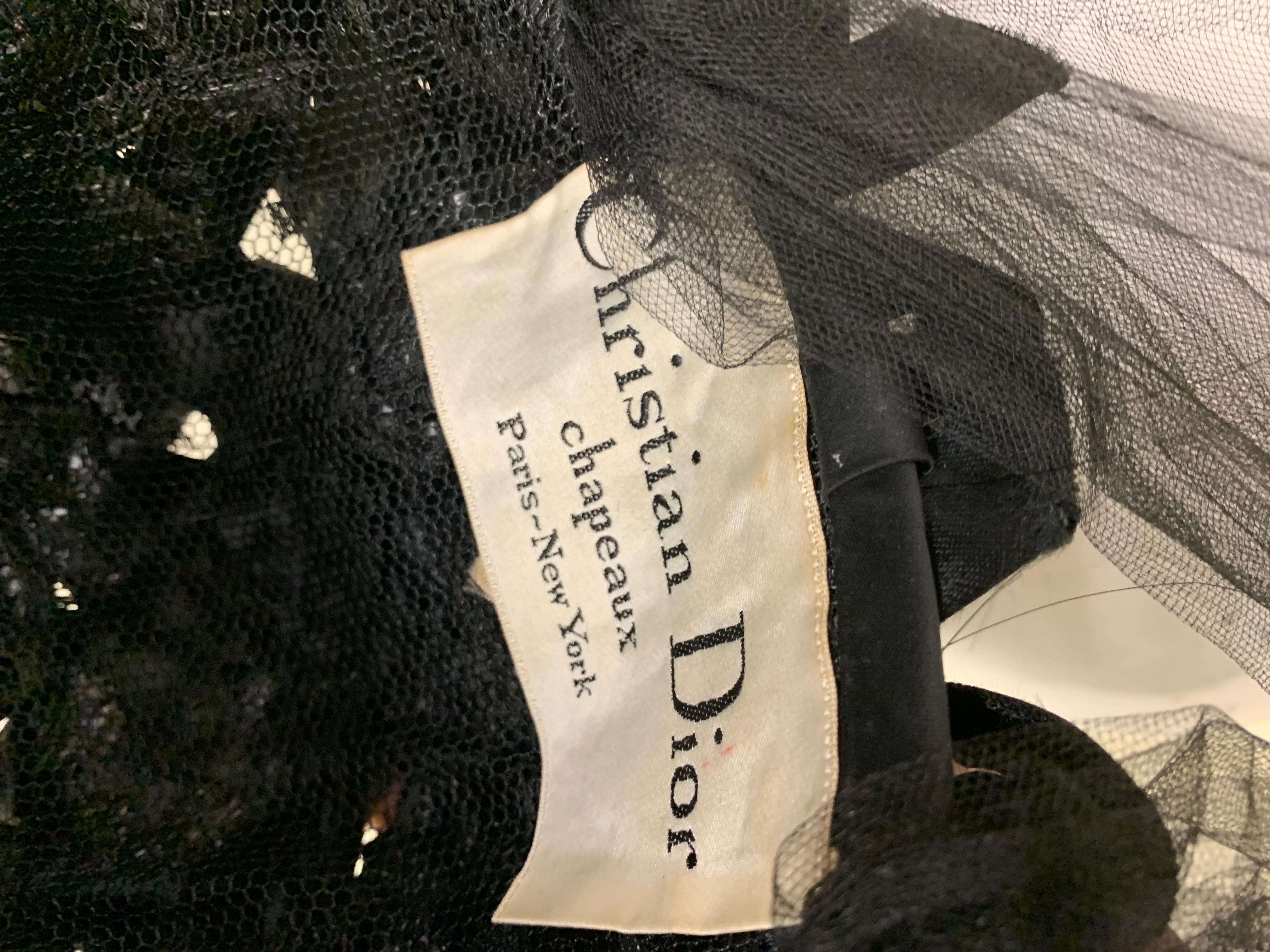 1960s Christian Dior Black Silk Ribbon and Feather Turban w Attached Tulle Scarf For Sale 7
