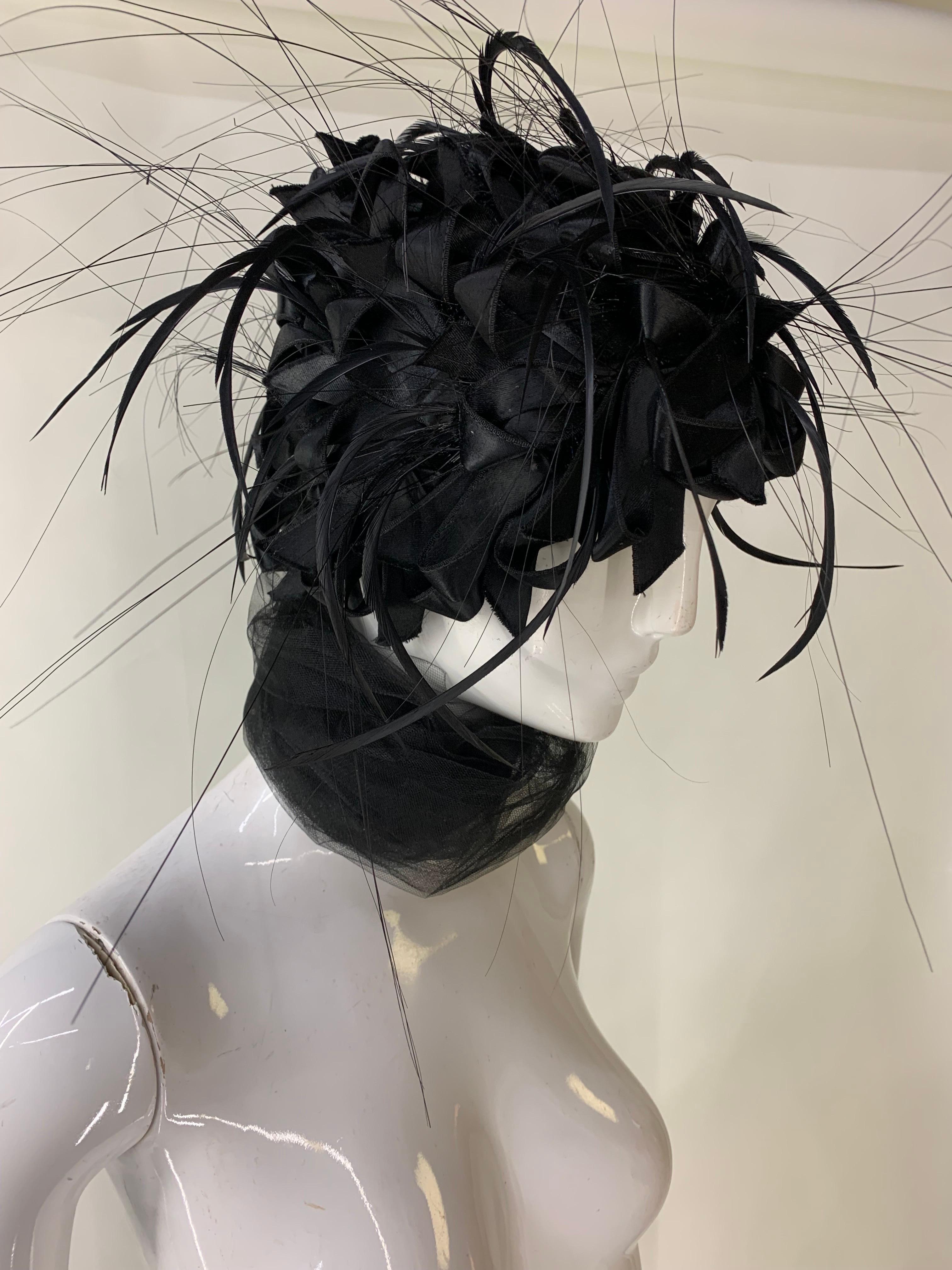 1960s Christian Dior Black Silk Ribbon and Feather Turban w Attached Tulle Scarf In Excellent Condition For Sale In Gresham, OR