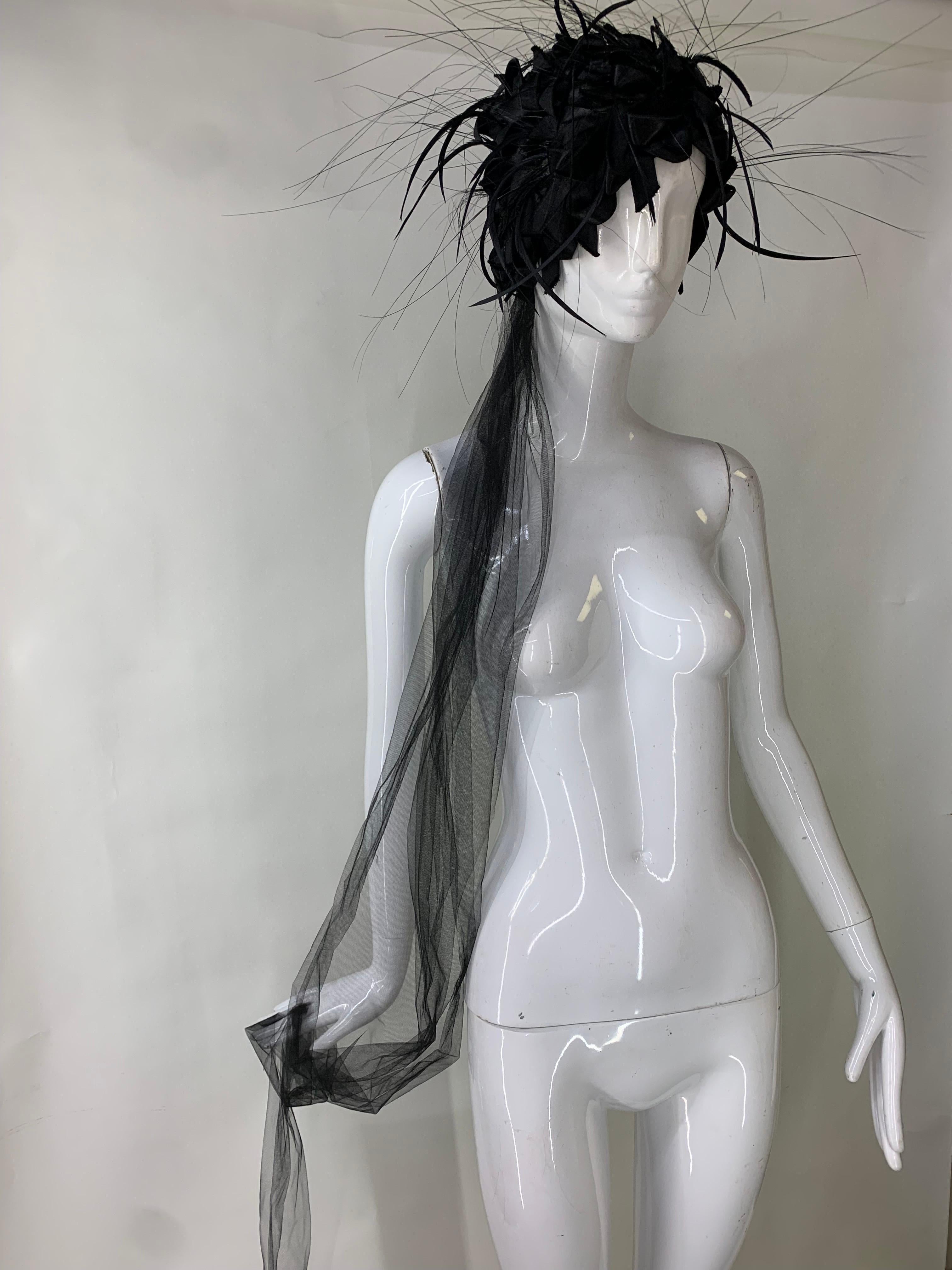 Women's 1960s Christian Dior Black Silk Ribbon and Feather Turban w Attached Tulle Scarf For Sale
