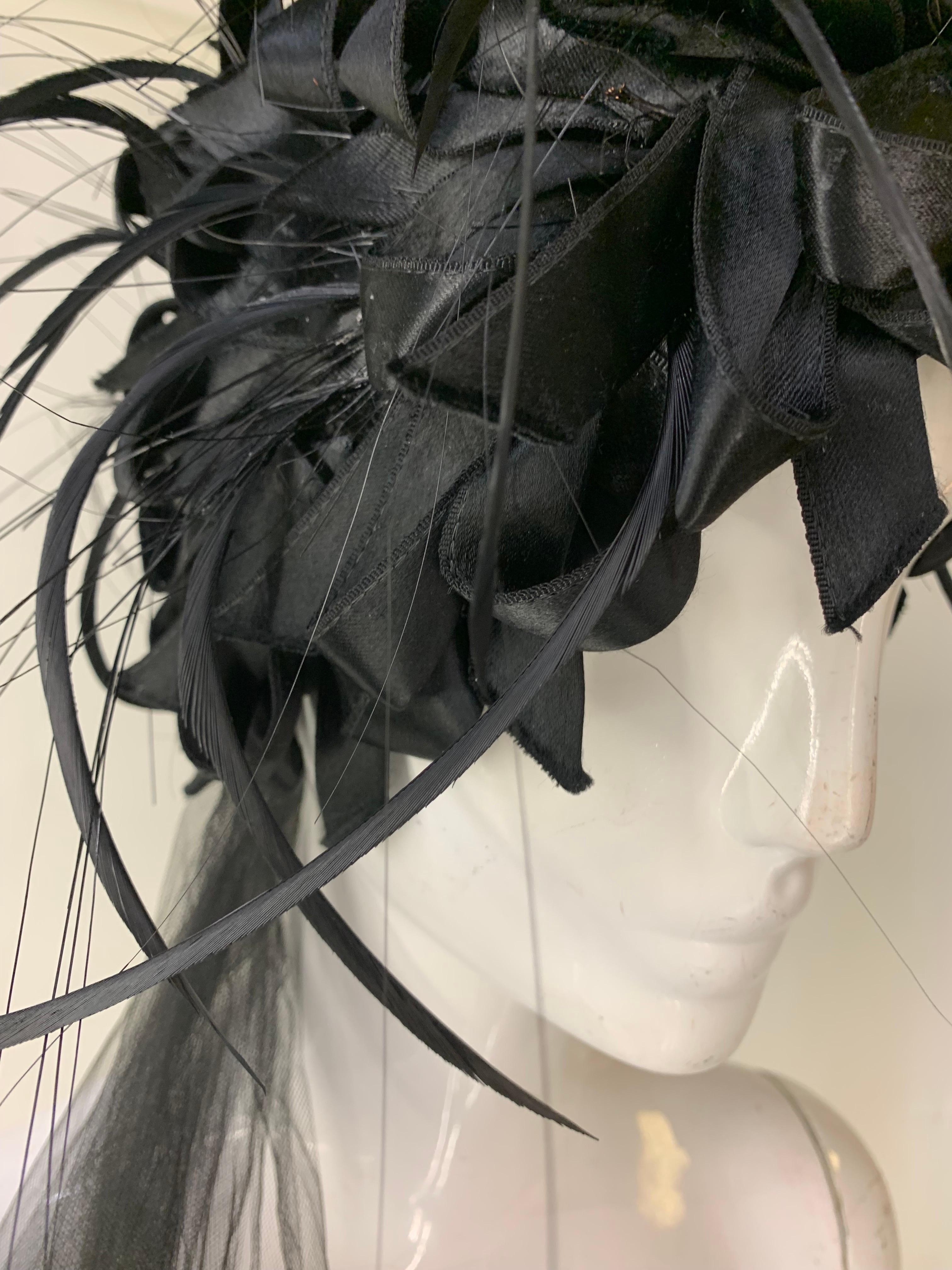 1960s Christian Dior Black Silk Ribbon and Feather Turban w Attached Tulle Scarf For Sale 2