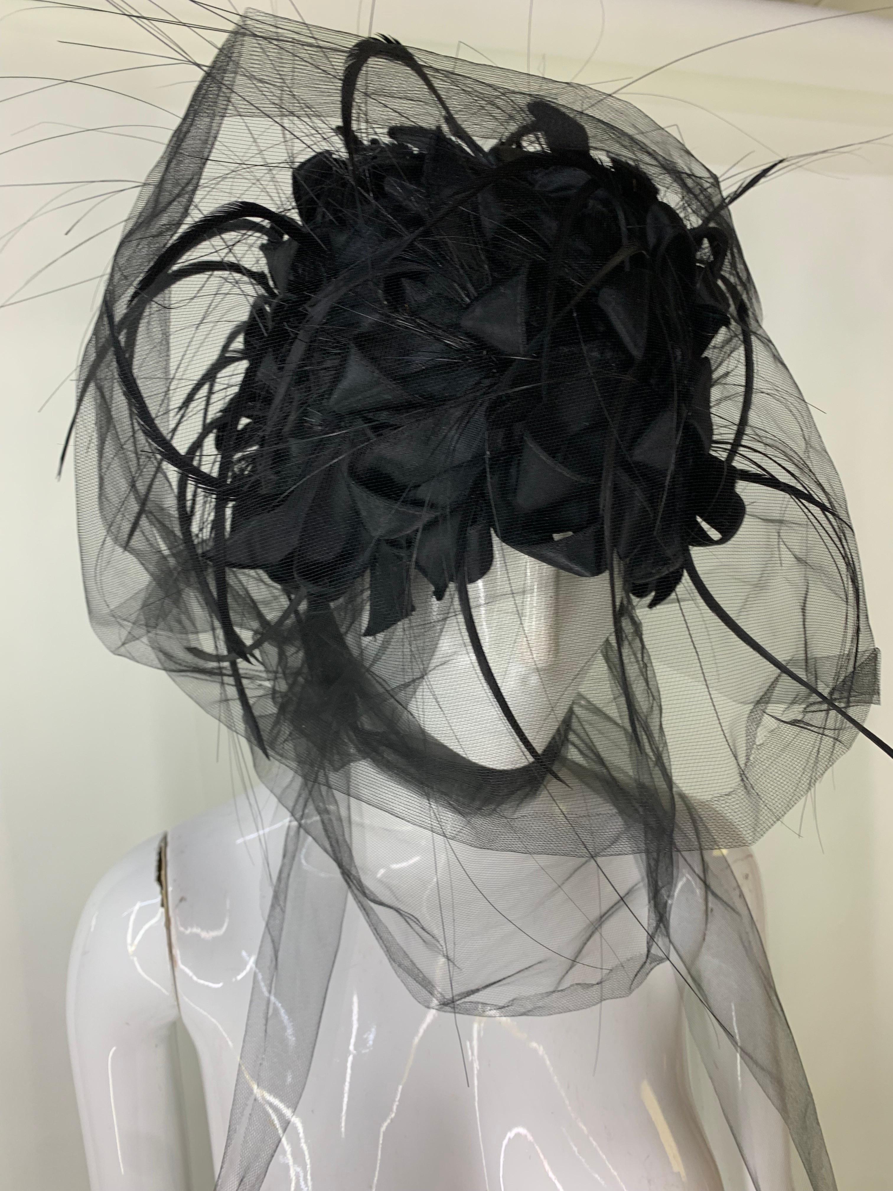 1960s Christian Dior Black Silk Ribbon and Feather Turban w Attached Tulle Scarf For Sale 3