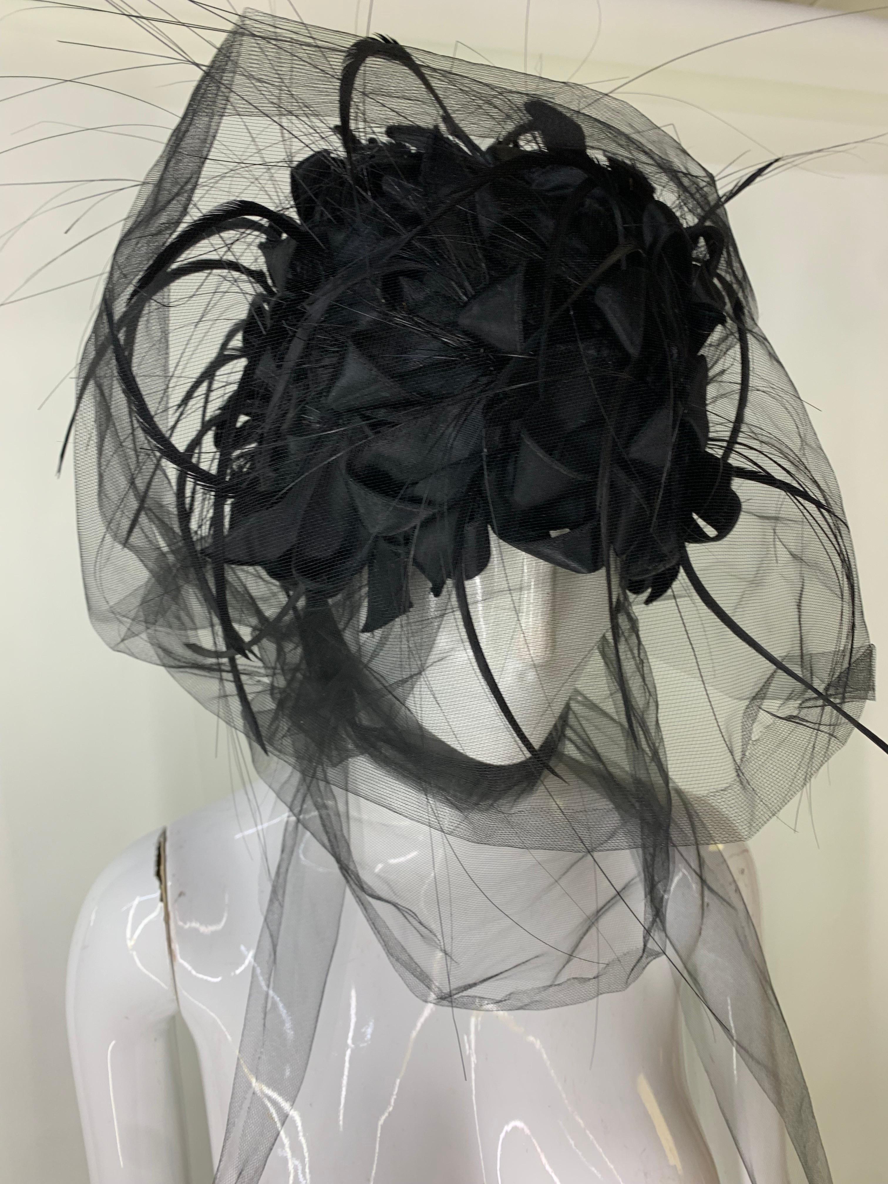 1960s Christian Dior Black Silk Ribbon and Feather Turban w Attached Tulle Scarf 3