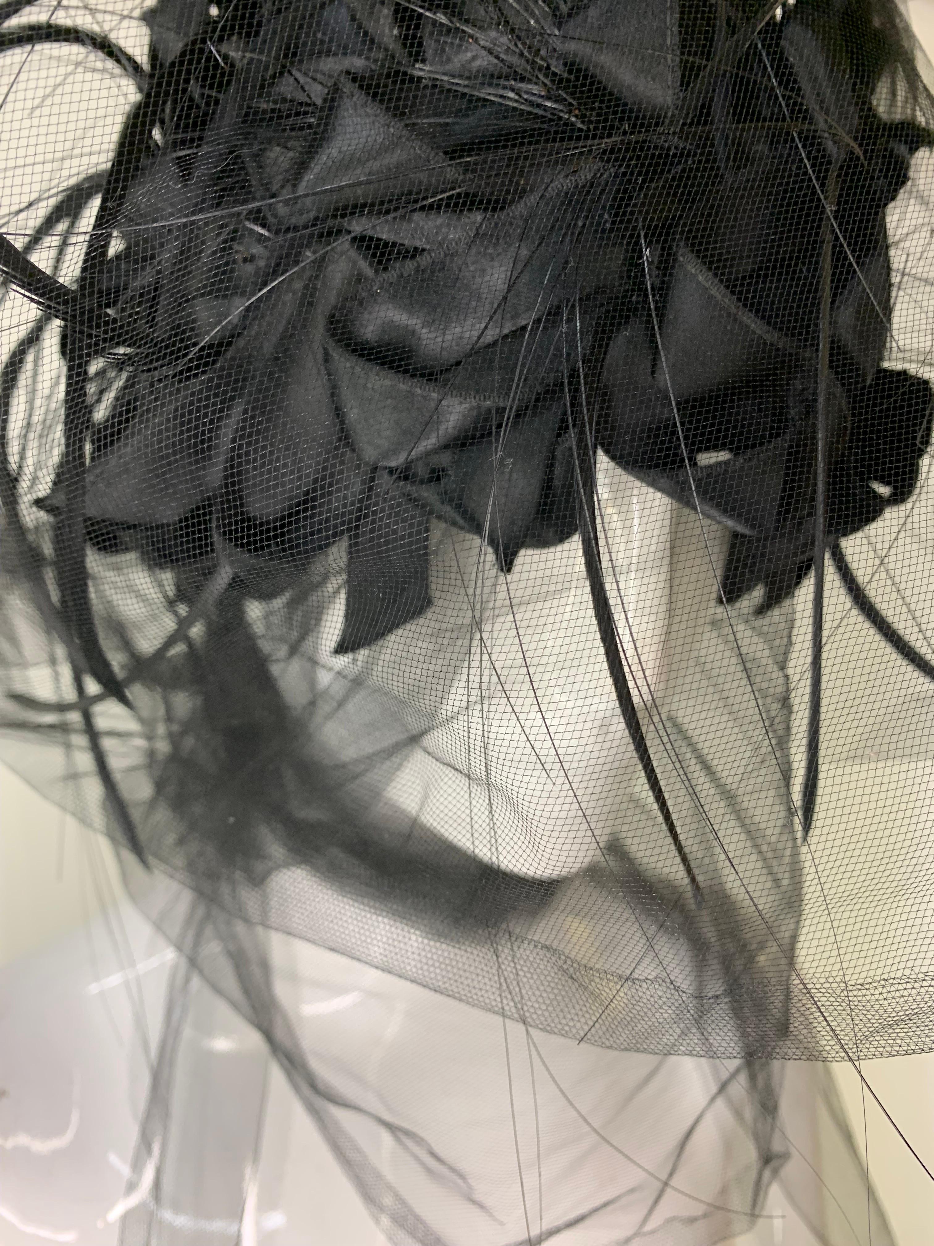 1960s Christian Dior Black Silk Ribbon and Feather Turban w Attached Tulle Scarf For Sale 4