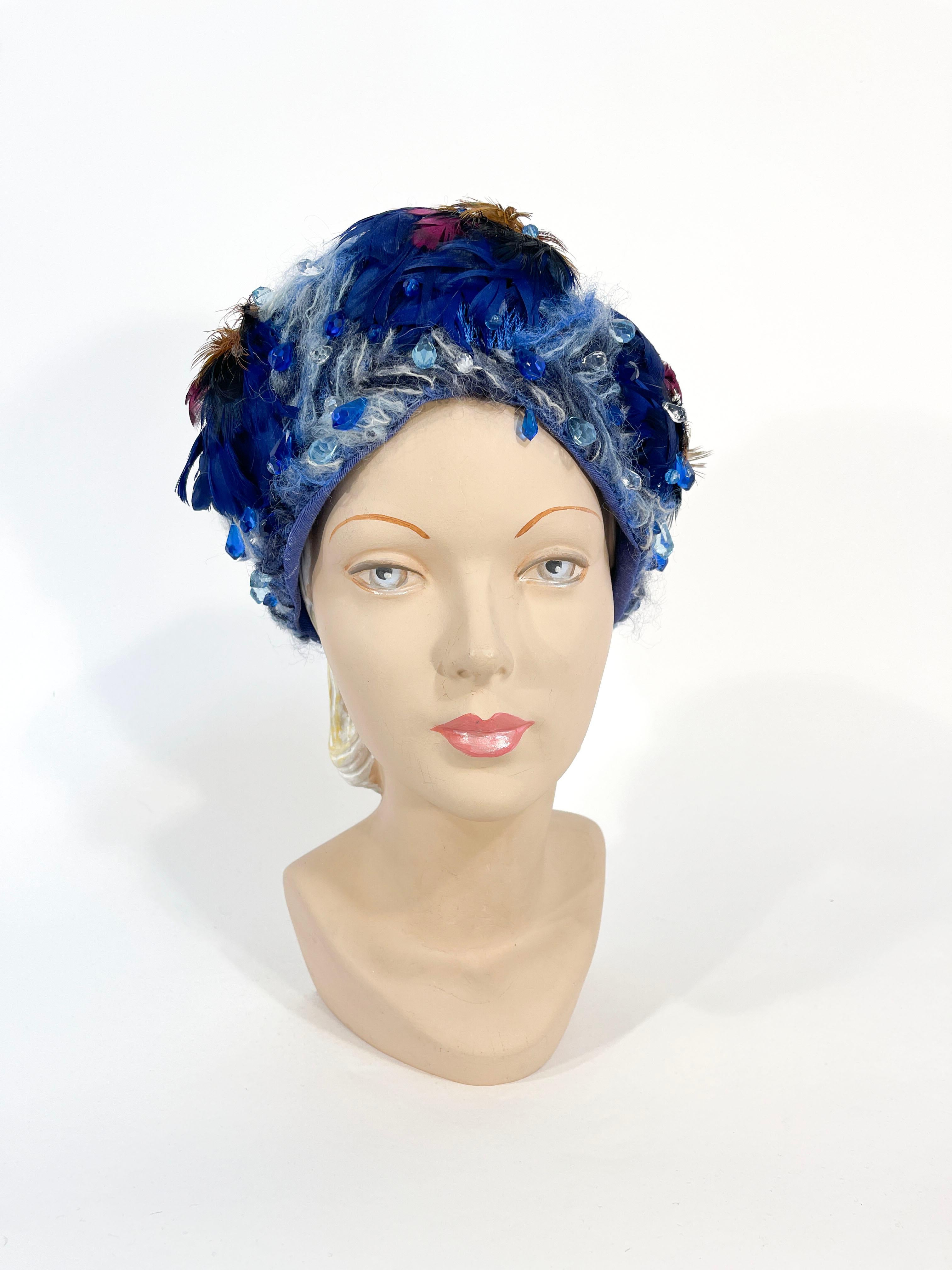 Beige 1960s Christian Dior Blue Feathered Tam For Sale