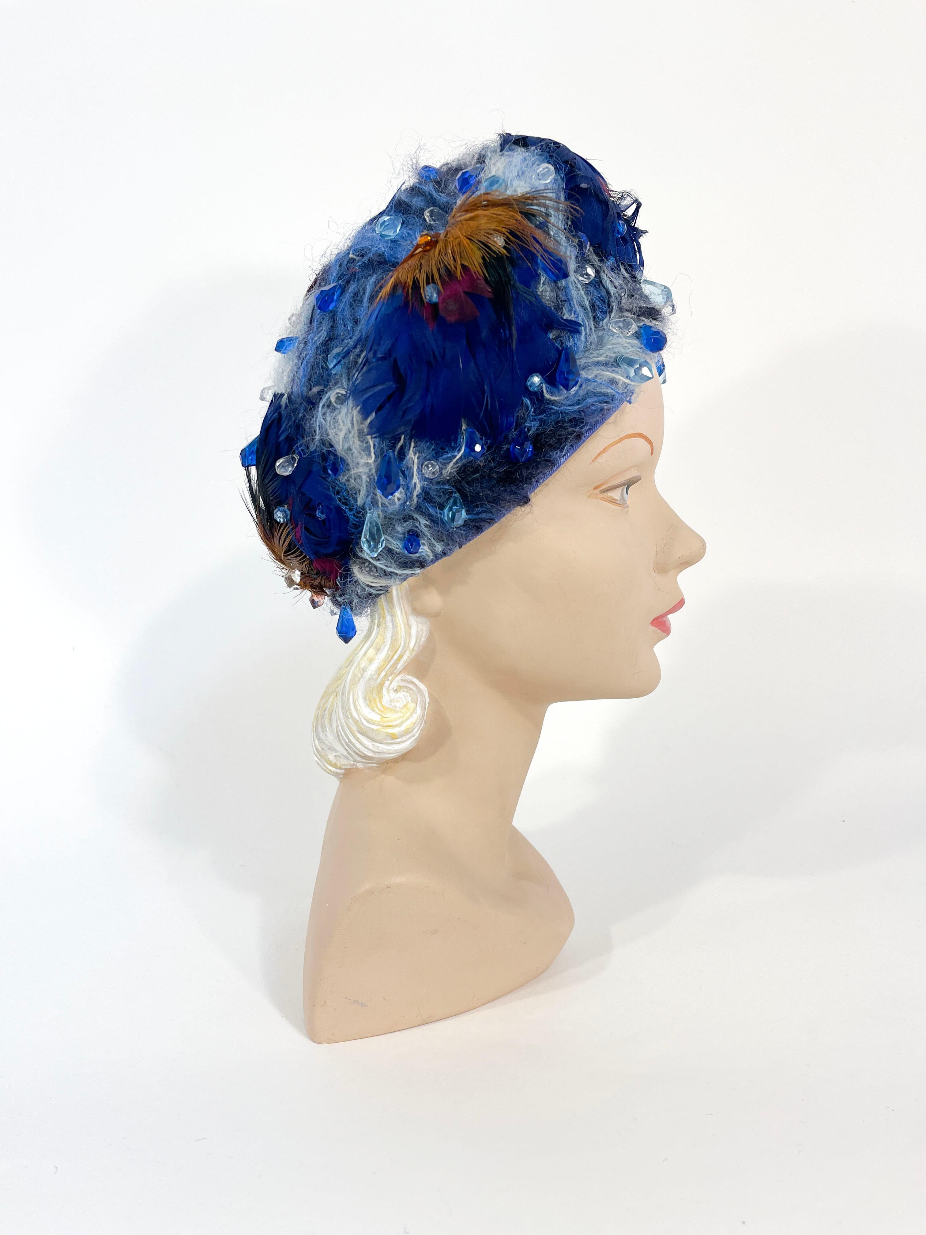 1960s Christian Dior Blue Feathered Tam In Good Condition For Sale In San Francisco, CA