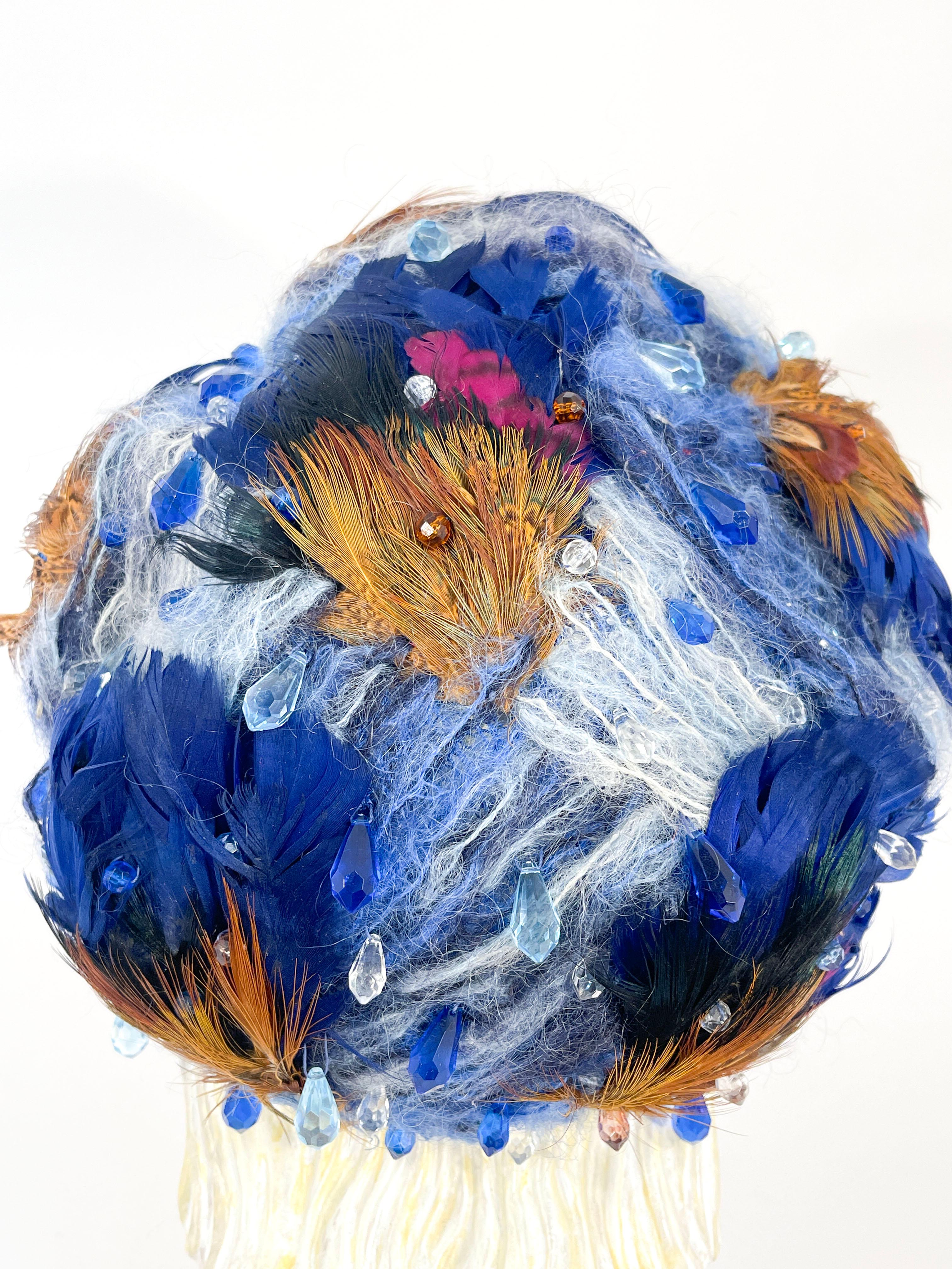 1960s Christian Dior Blue Feathered Tam For Sale 1