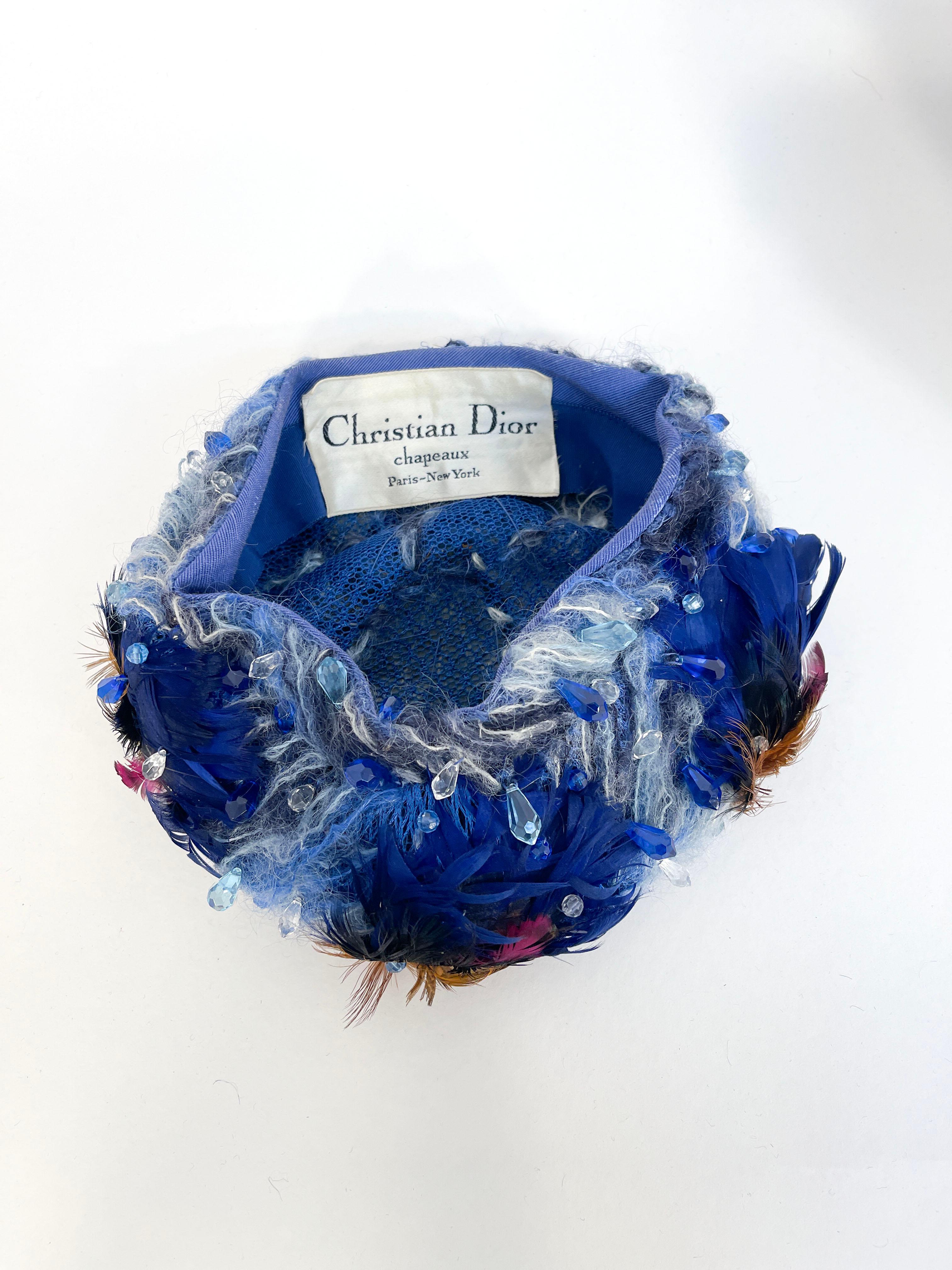 1960s Christian Dior Blue Feathered Tam For Sale 4